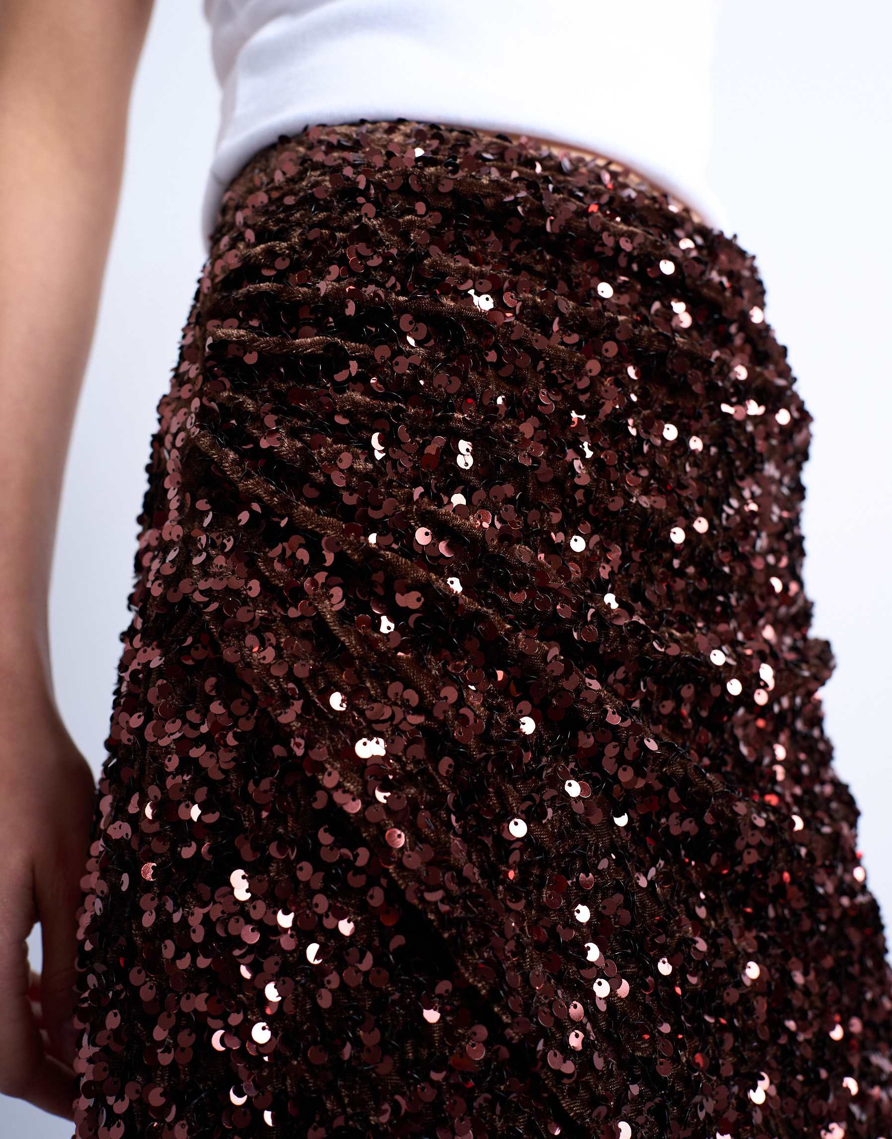 Topshop velvet sequin drape mini skirt in chocolate