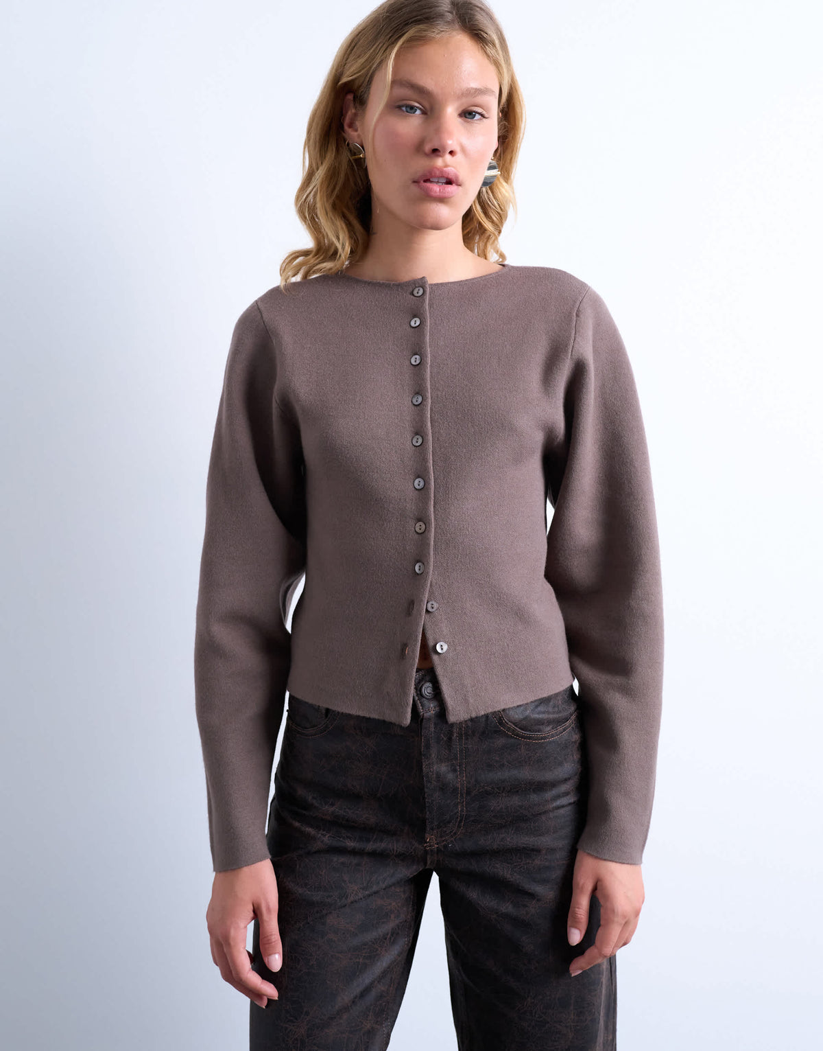 Topshop knitted compact balloon sleeve cardigan in oat