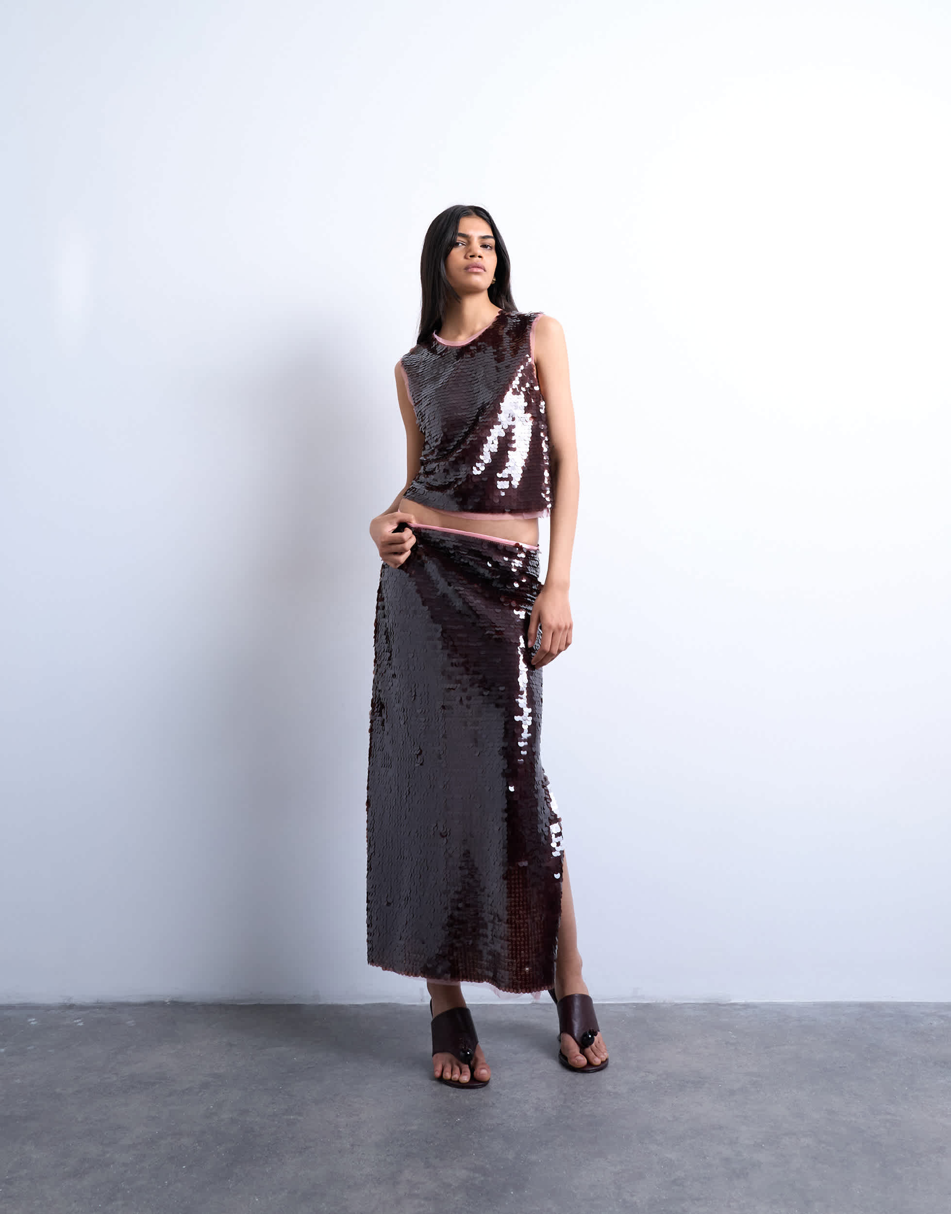 Topshop co-ord contrast sequin midi skirt in wine