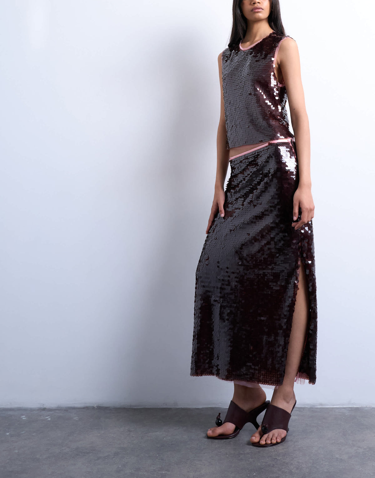 Topshop co-ord contrast sequin midi skirt in wine