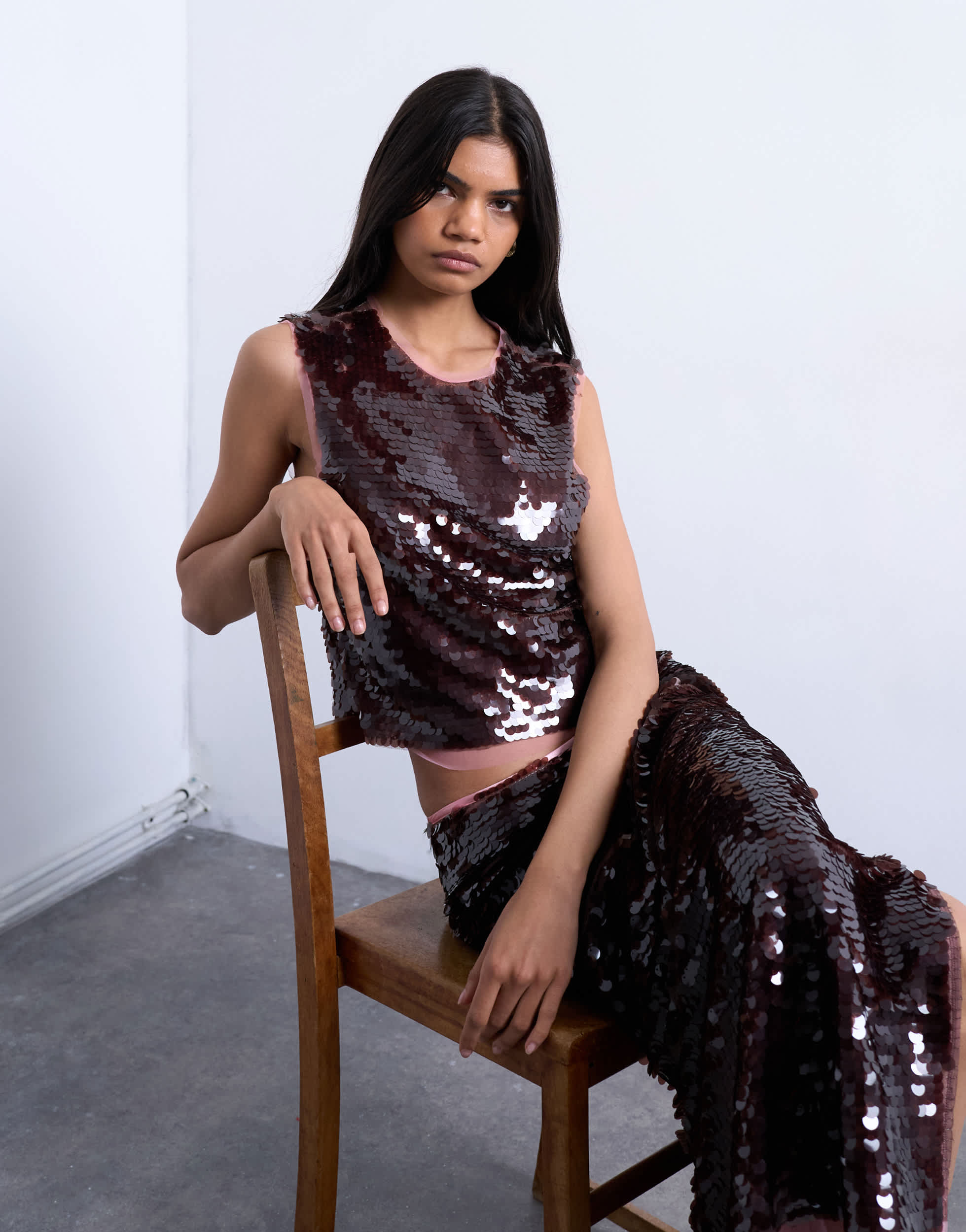 Topshop co-ord sequin contrast shell top in wine