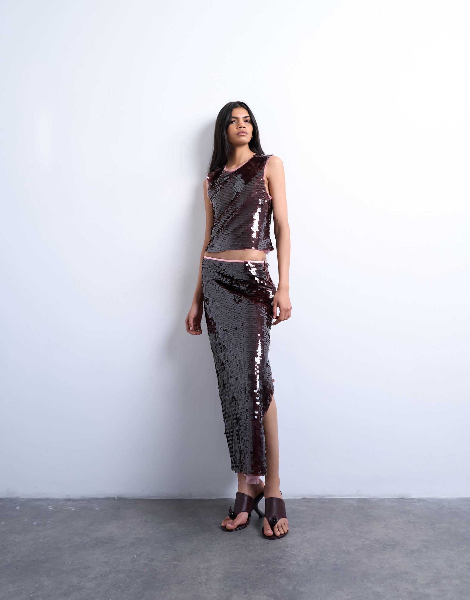 Topshop co-ord sequin contrast shell top in wine