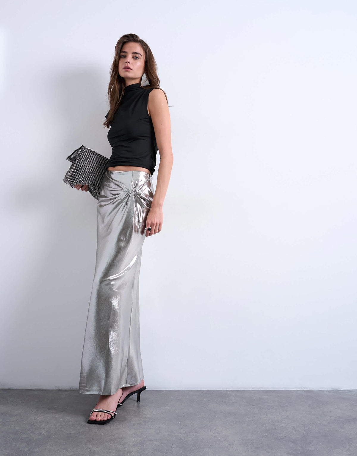 Topshop metallic knot midi skirt in silver