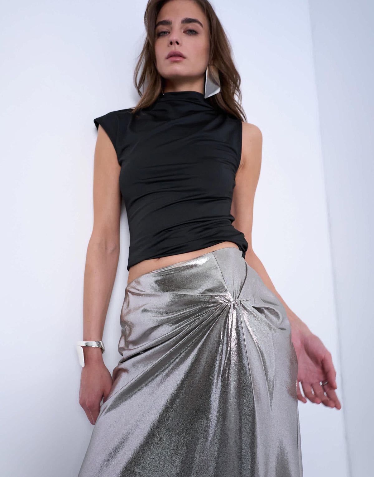 Topshop metallic knot midi skirt in silver