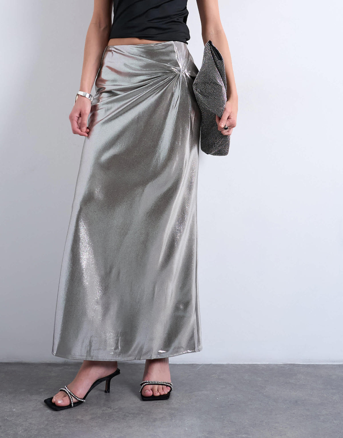 Topshop metallic knot midi skirt in silver