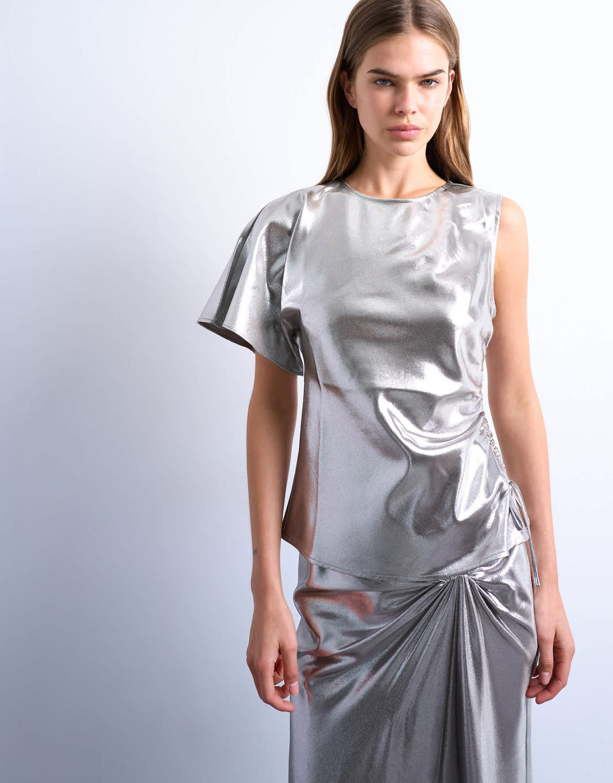 Topshop liquid look metallic ruched side top in silver