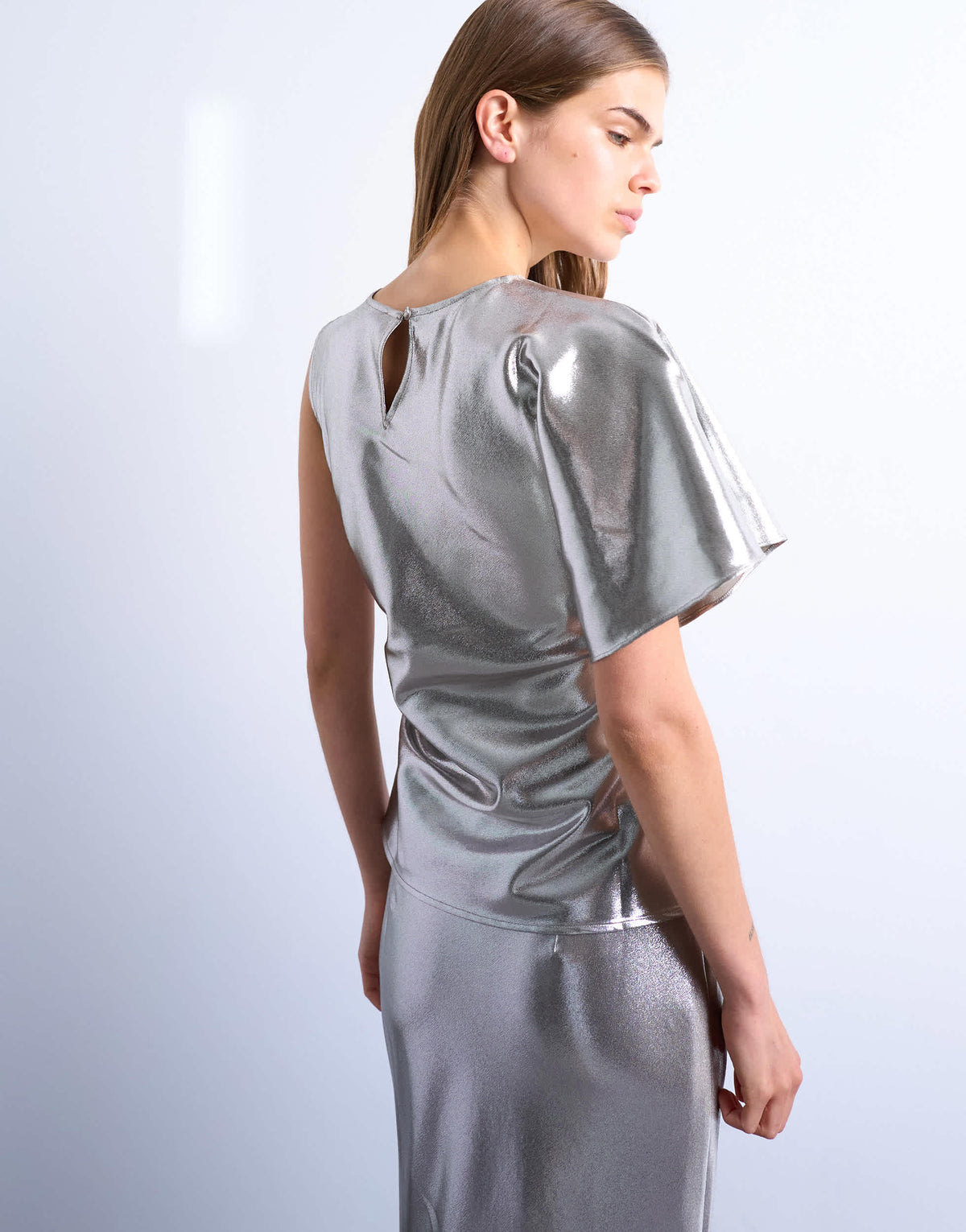 Topshop liquid look metallic ruched side top in silver