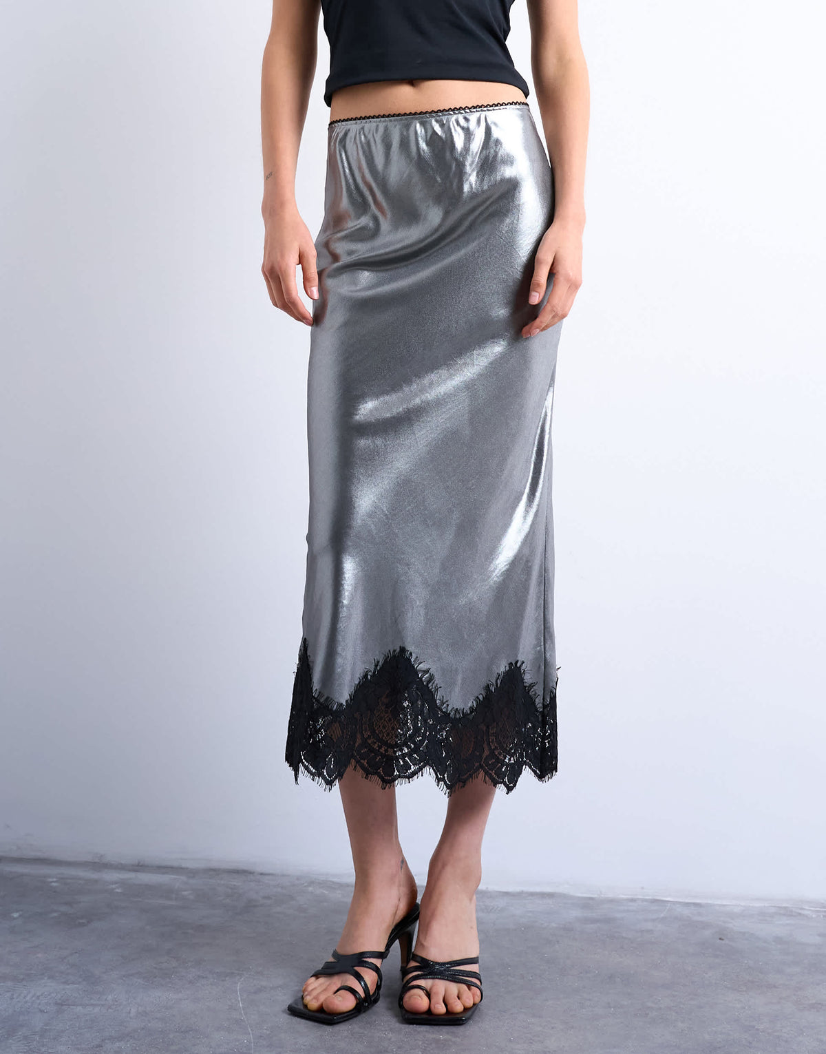 Topshop metallic lace hem midi skirt in silver