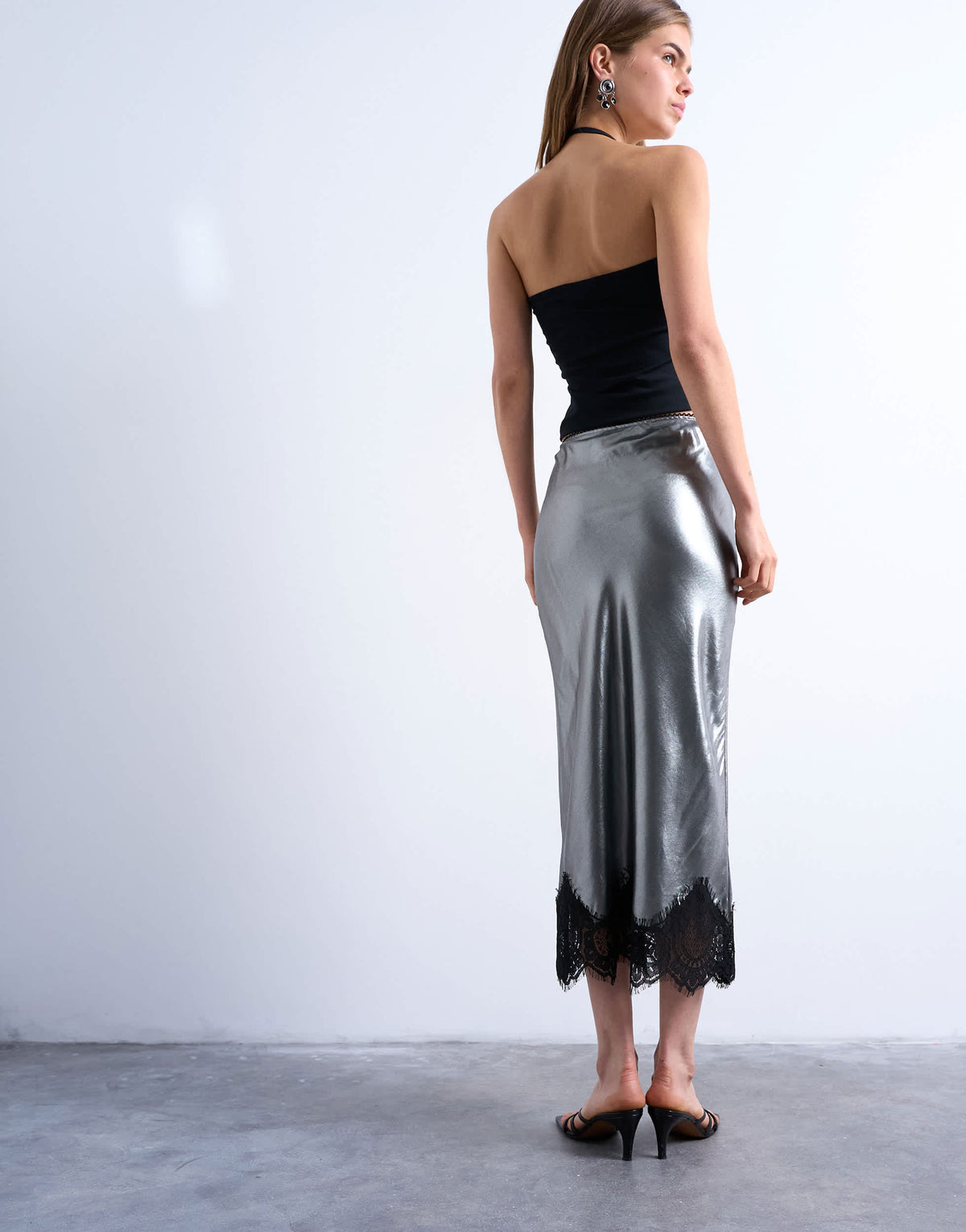 Topshop metallic lace hem midi skirt in silver