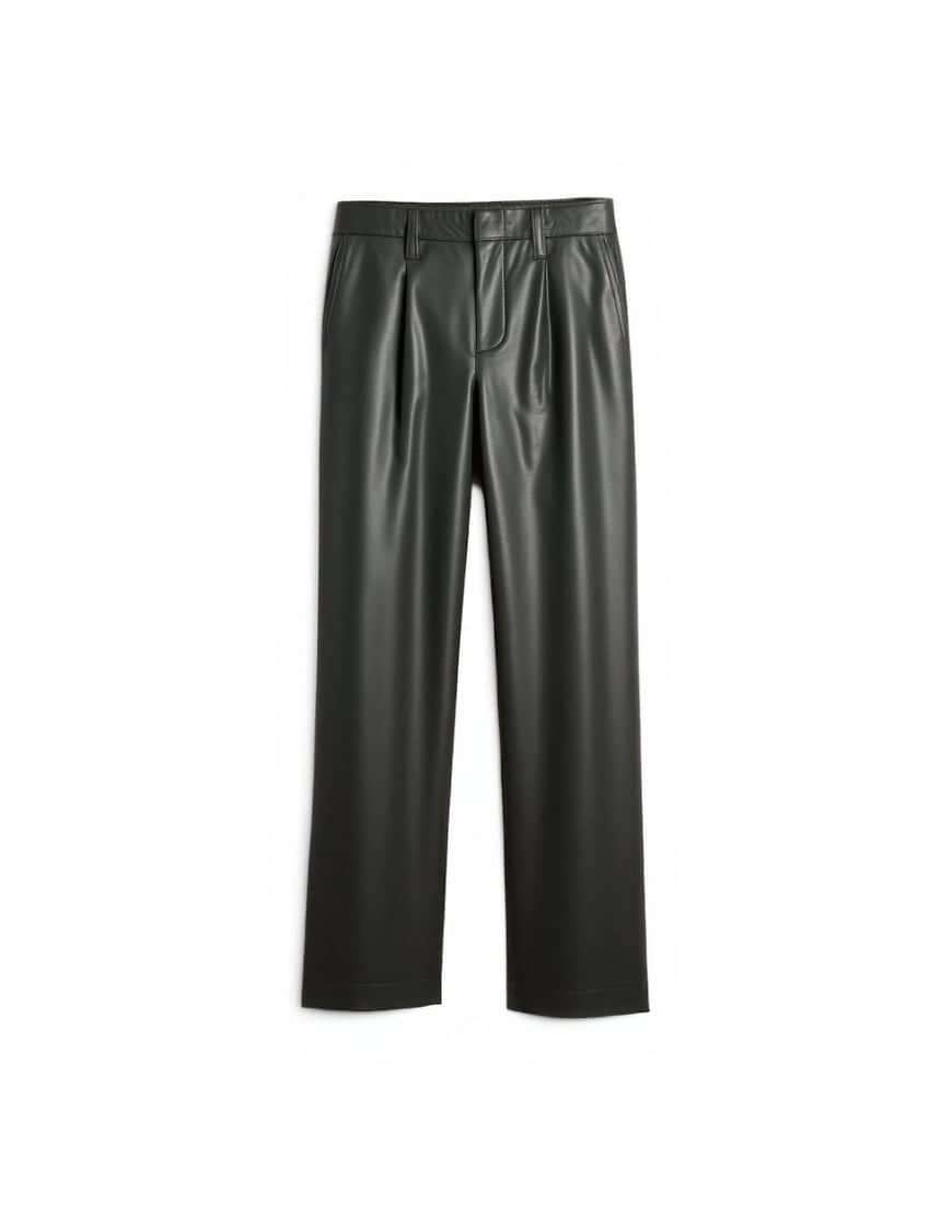 Topshop faux leather high waist pleated straight leg trouser  in khaki