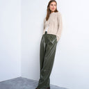 Topshop faux leather high waist pleated straight leg trouser  in khaki