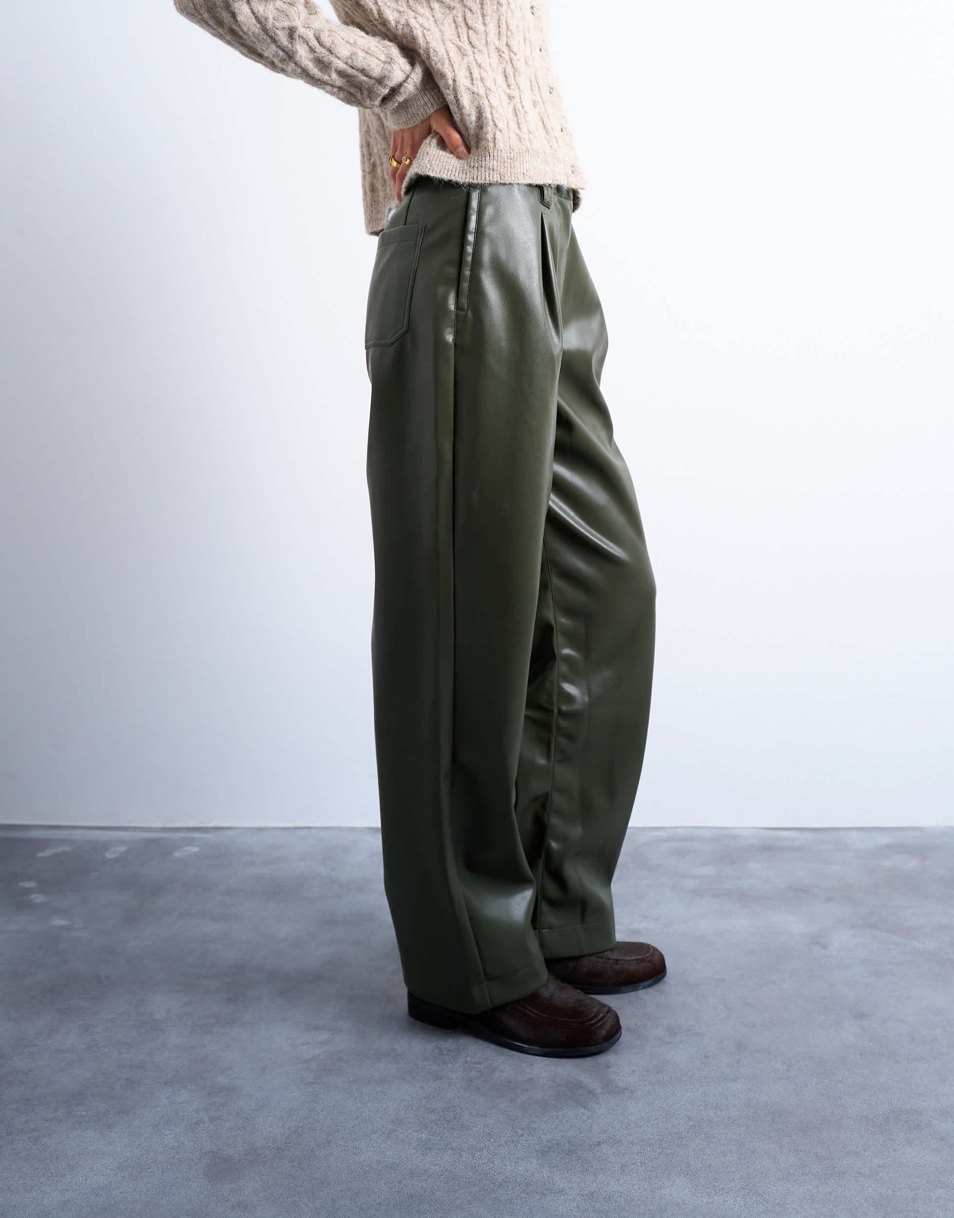 Topshop faux leather high waist pleated straight leg trouser  in khaki