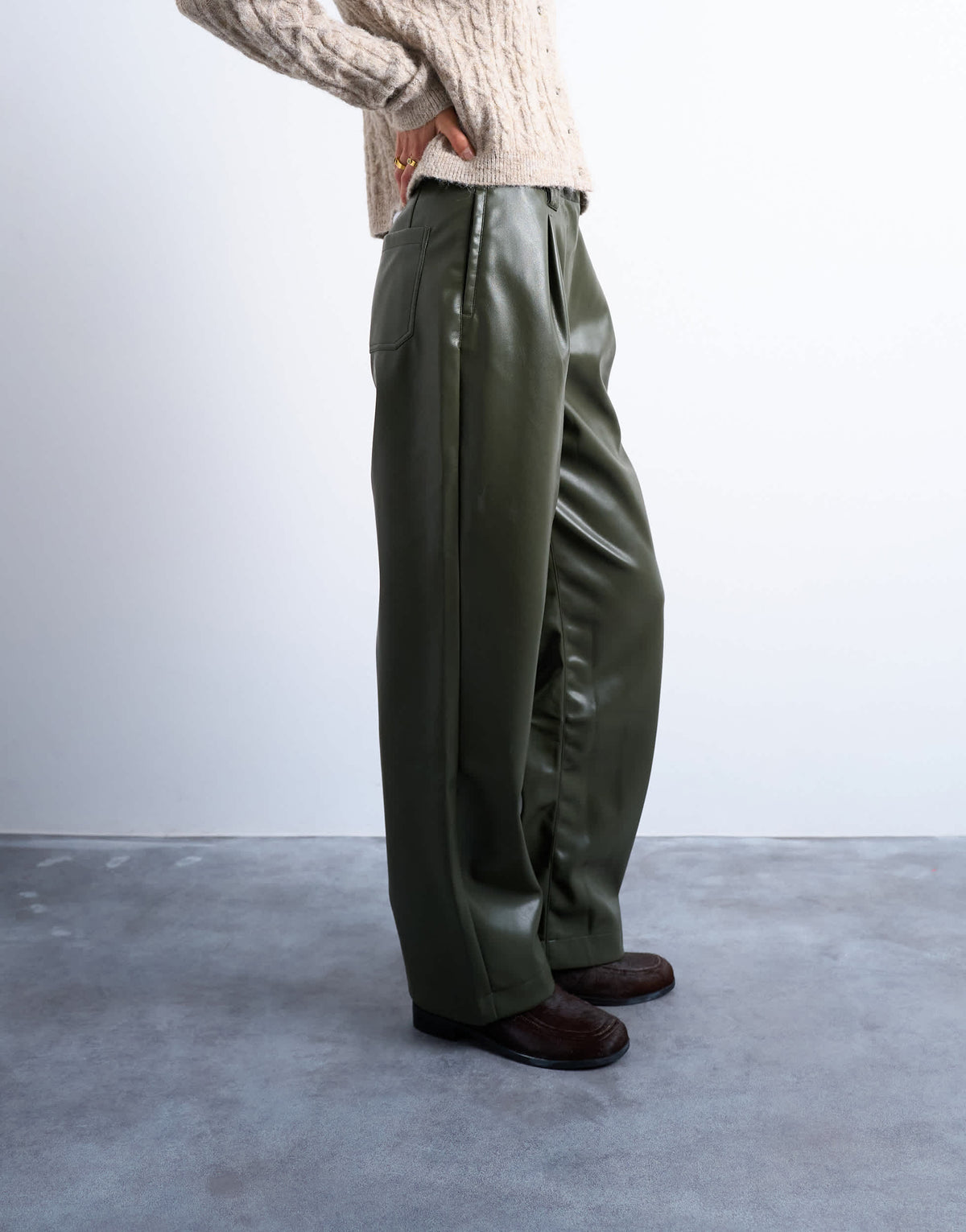Topshop faux leather high waist pleated straight leg trouser  in khaki