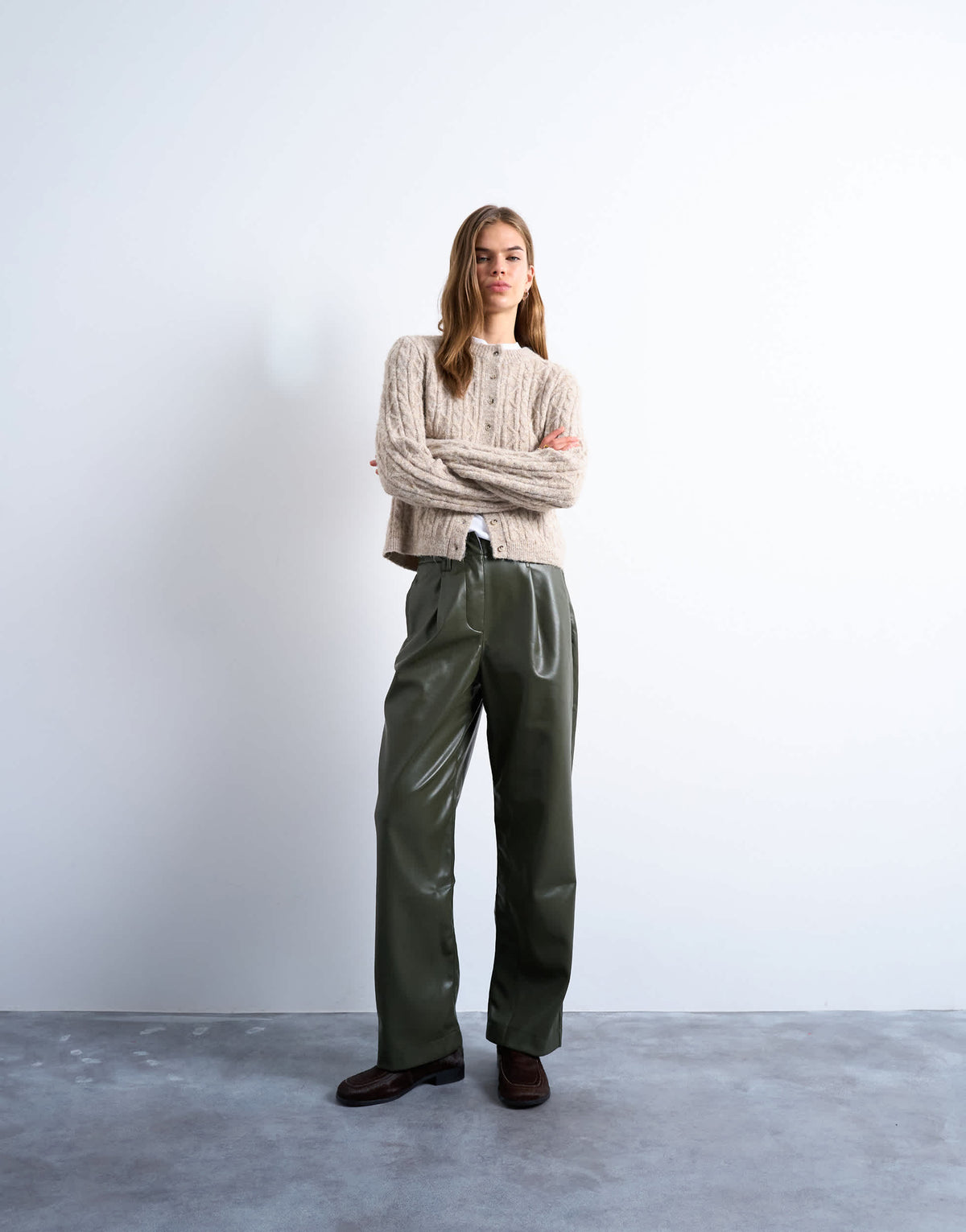 Topshop faux leather high waist pleated straight leg trouser  in khaki