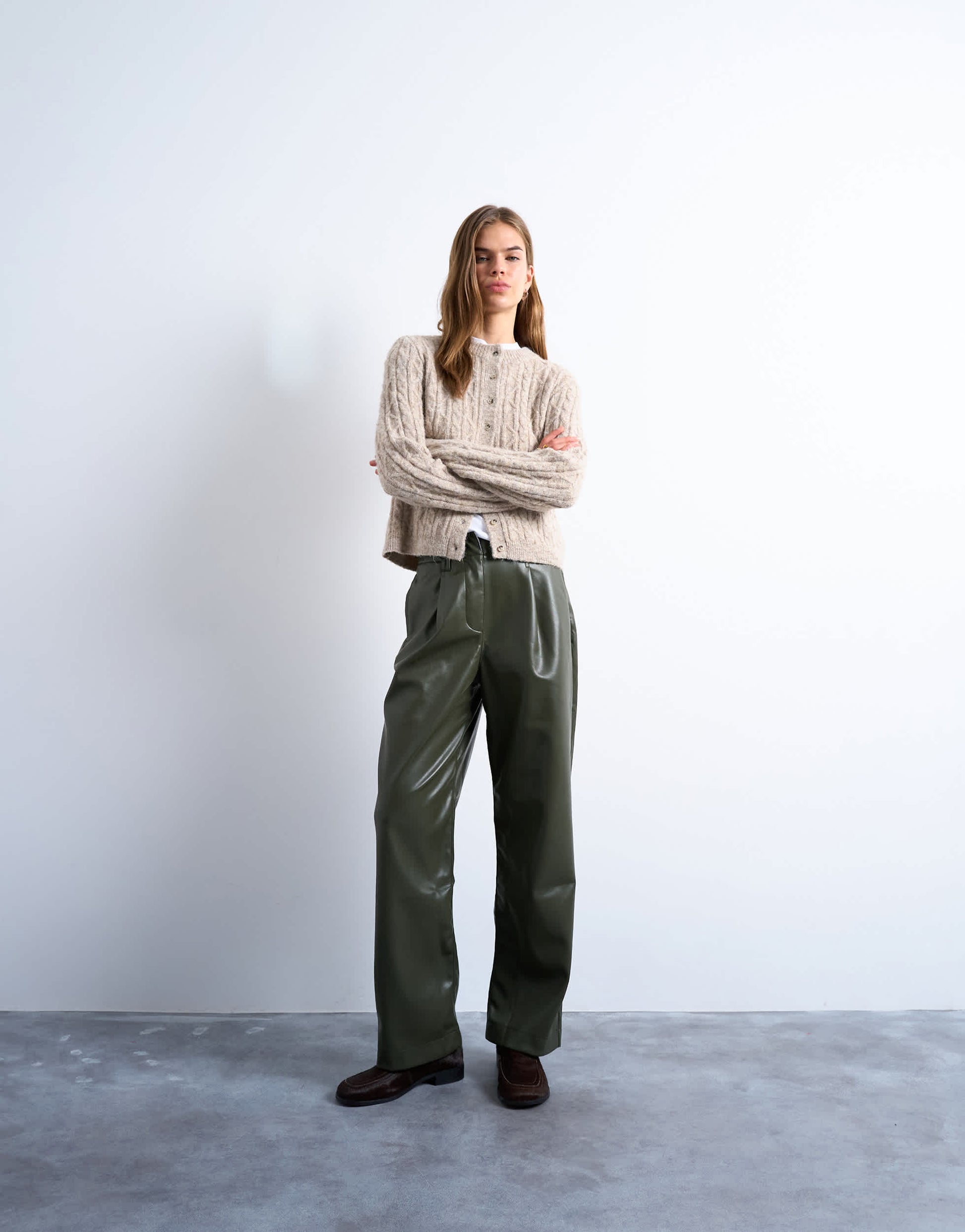 Topshop faux leather high waist pleated straight leg trouser  in khaki