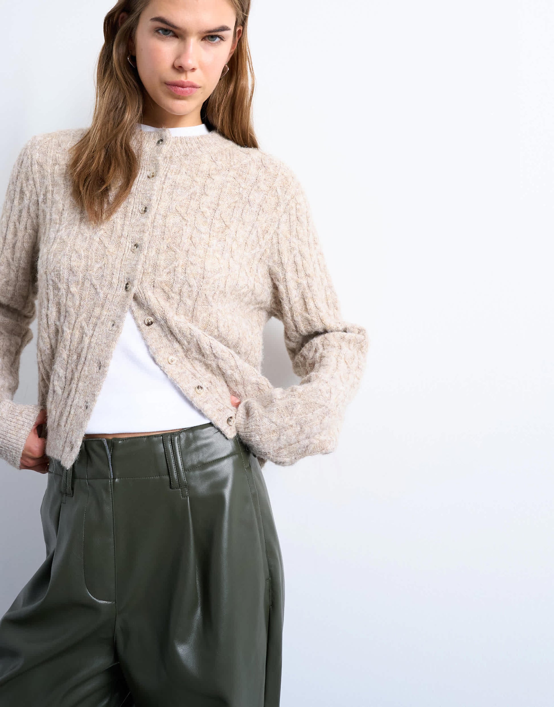 Topshop faux leather high waist pleated straight leg trouser  in khaki