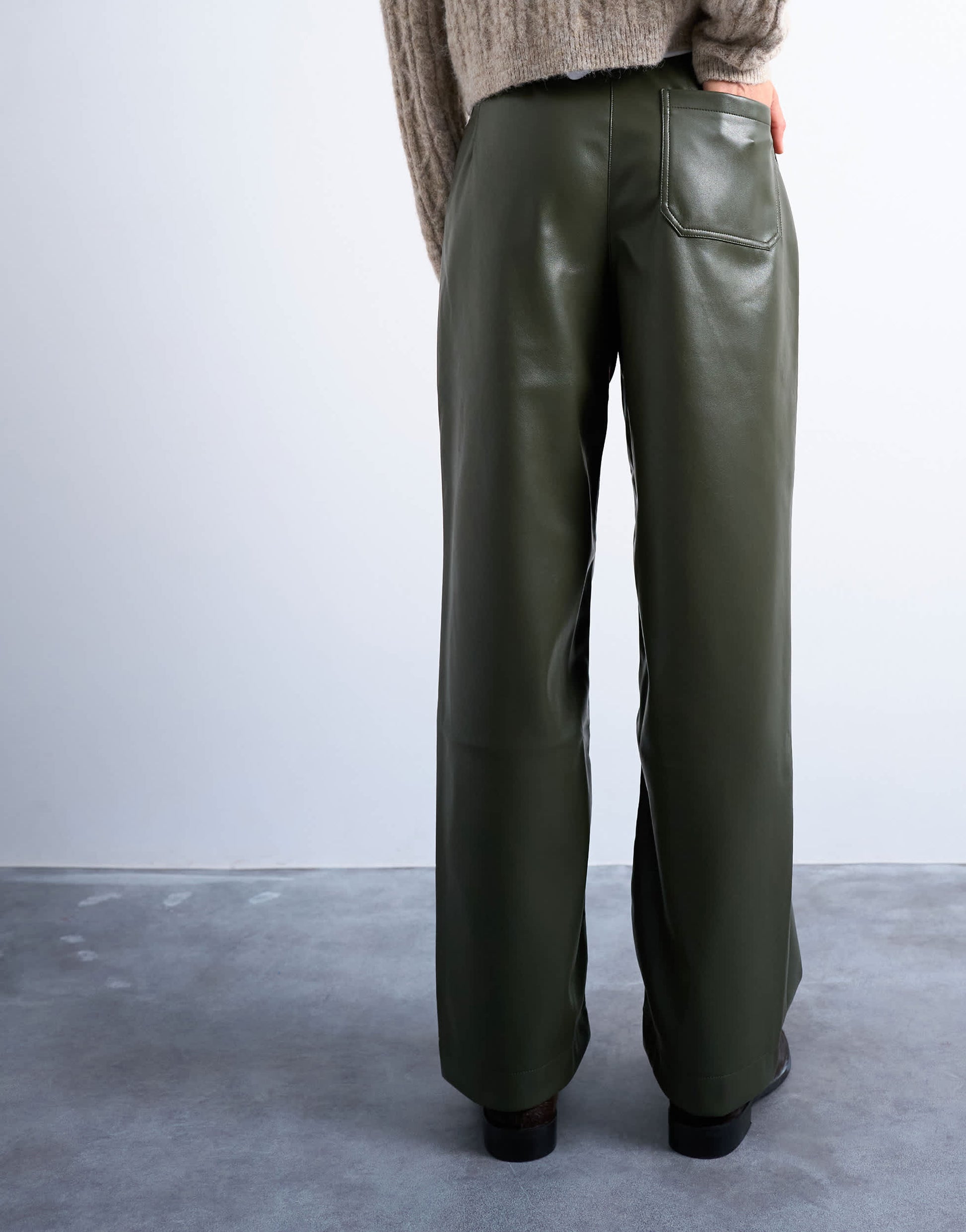 Topshop faux leather high waist pleated straight leg trouser  in khaki