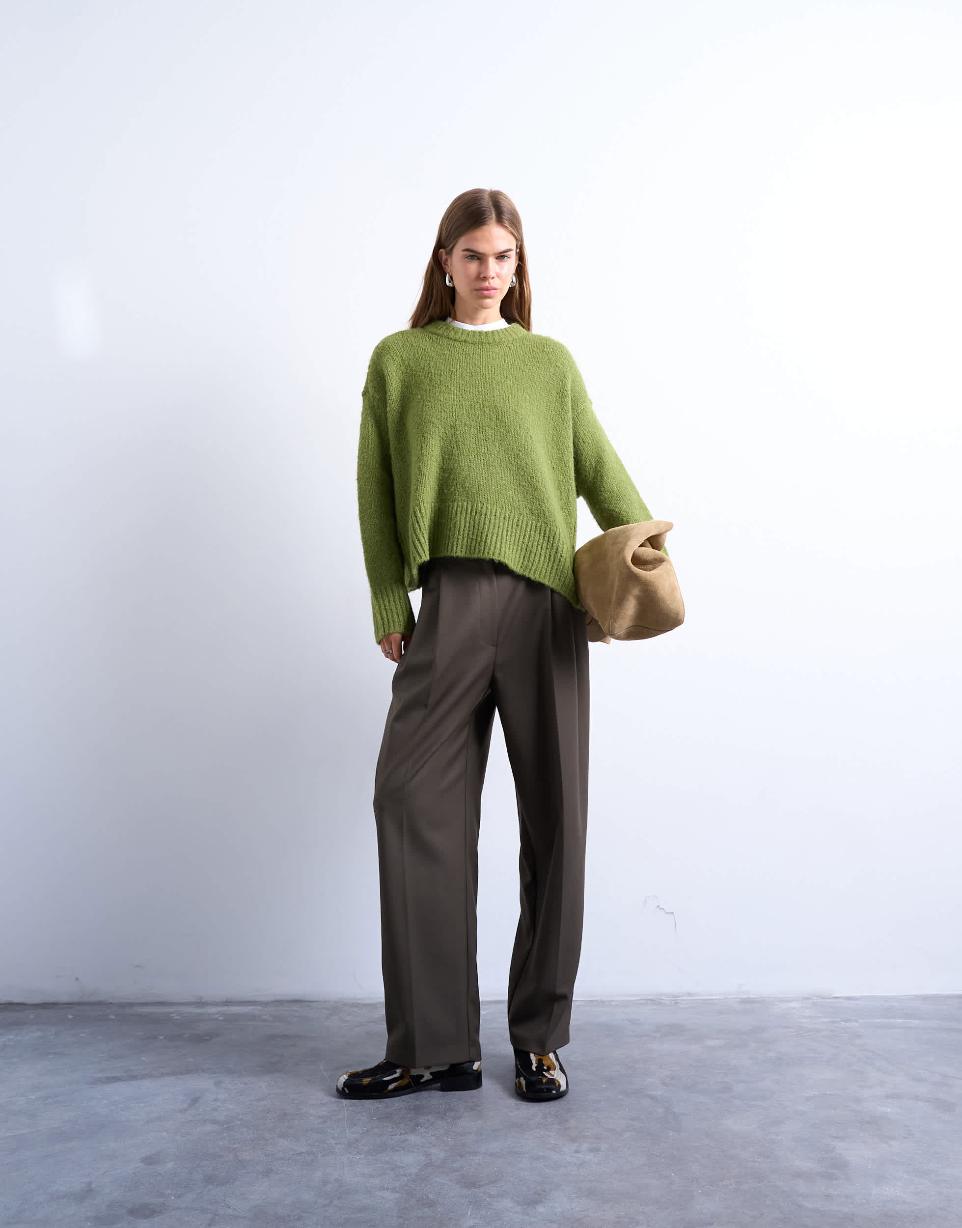 Topshop tab detail slouchy wide leg trouser in olive