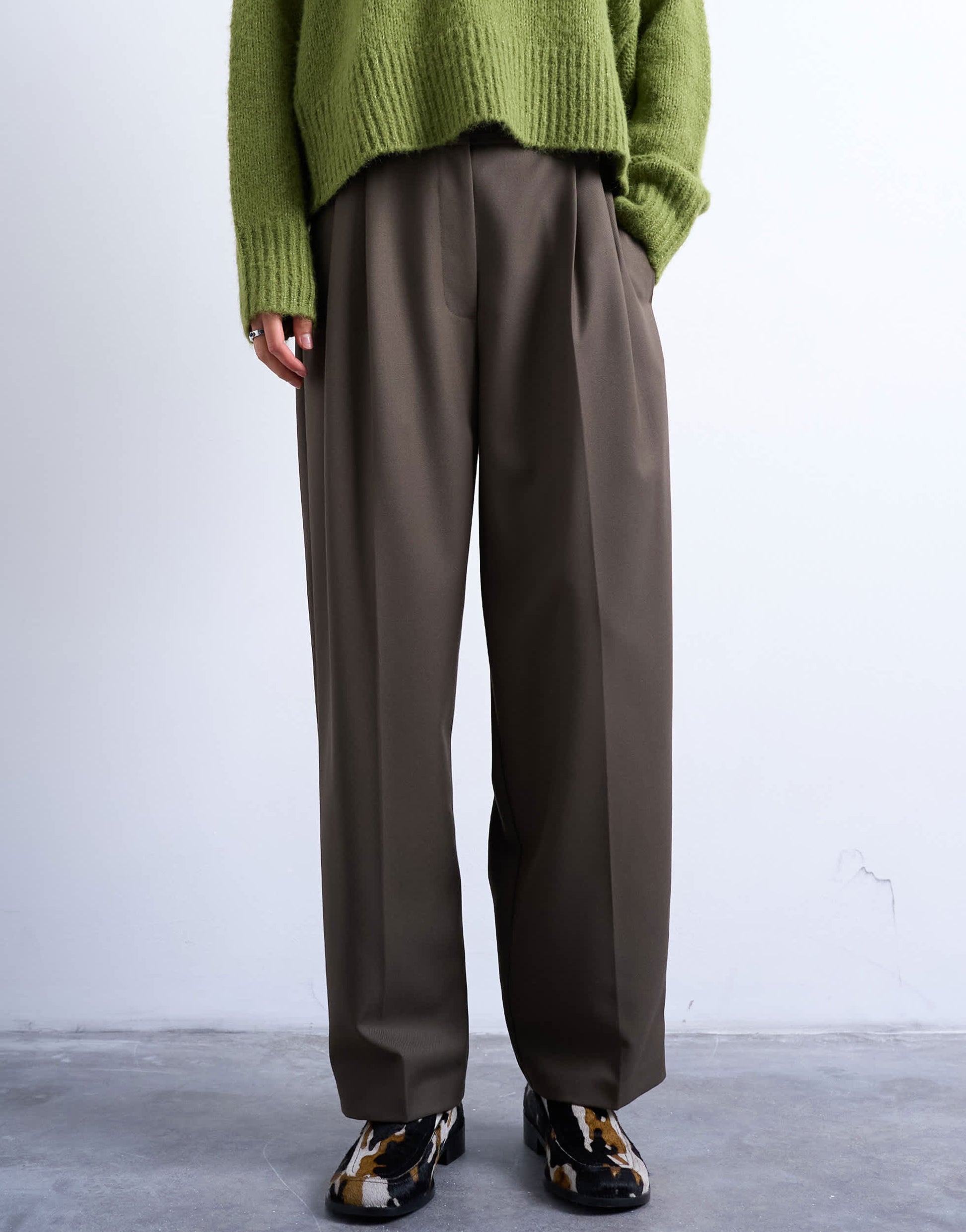 Topshop tab detail slouchy wide leg trouser in olive