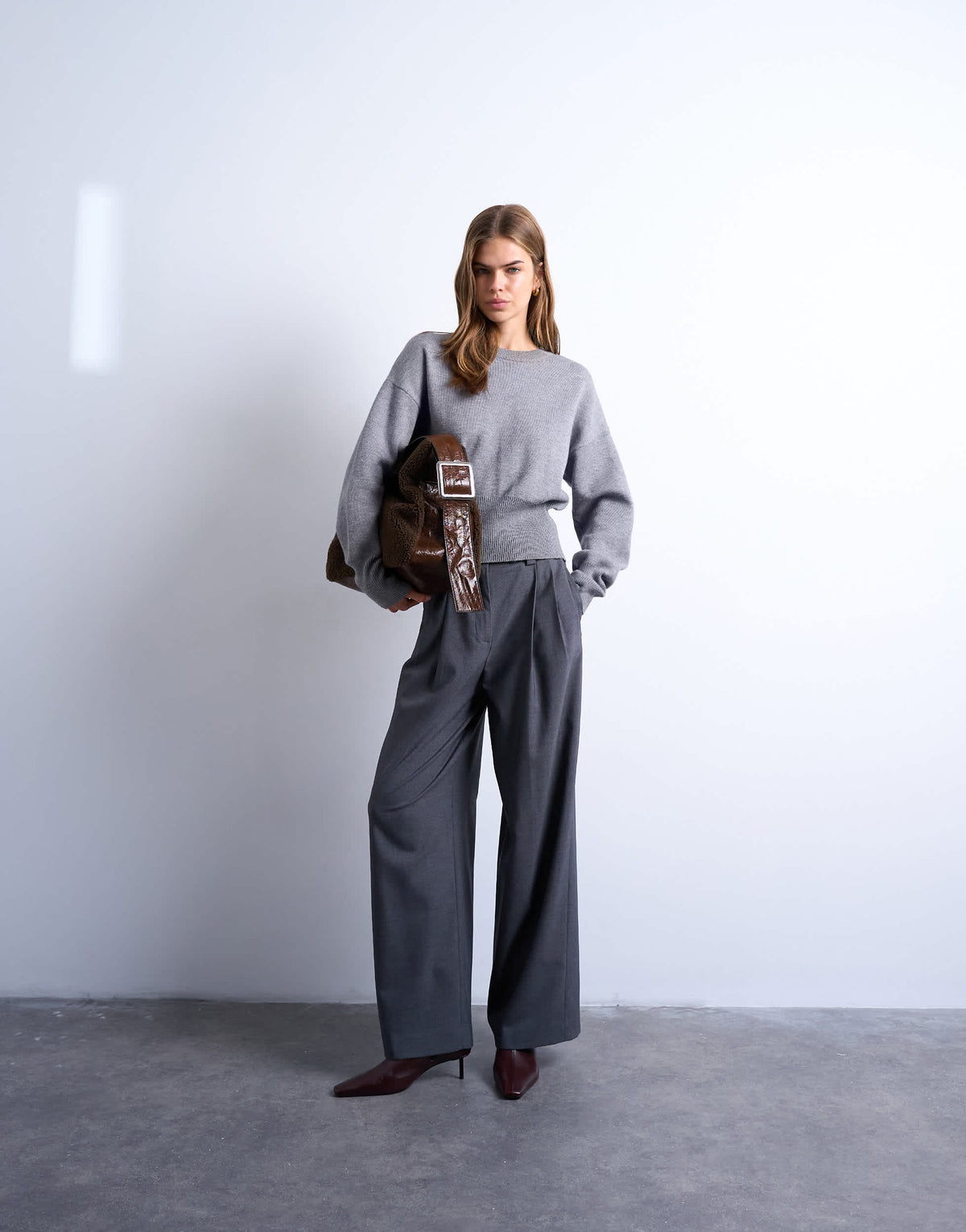 Topshop double pleat high rise wide leg trouser in charcoal