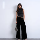 Topshop velvet mid rise tie waist wide leg jogger in black