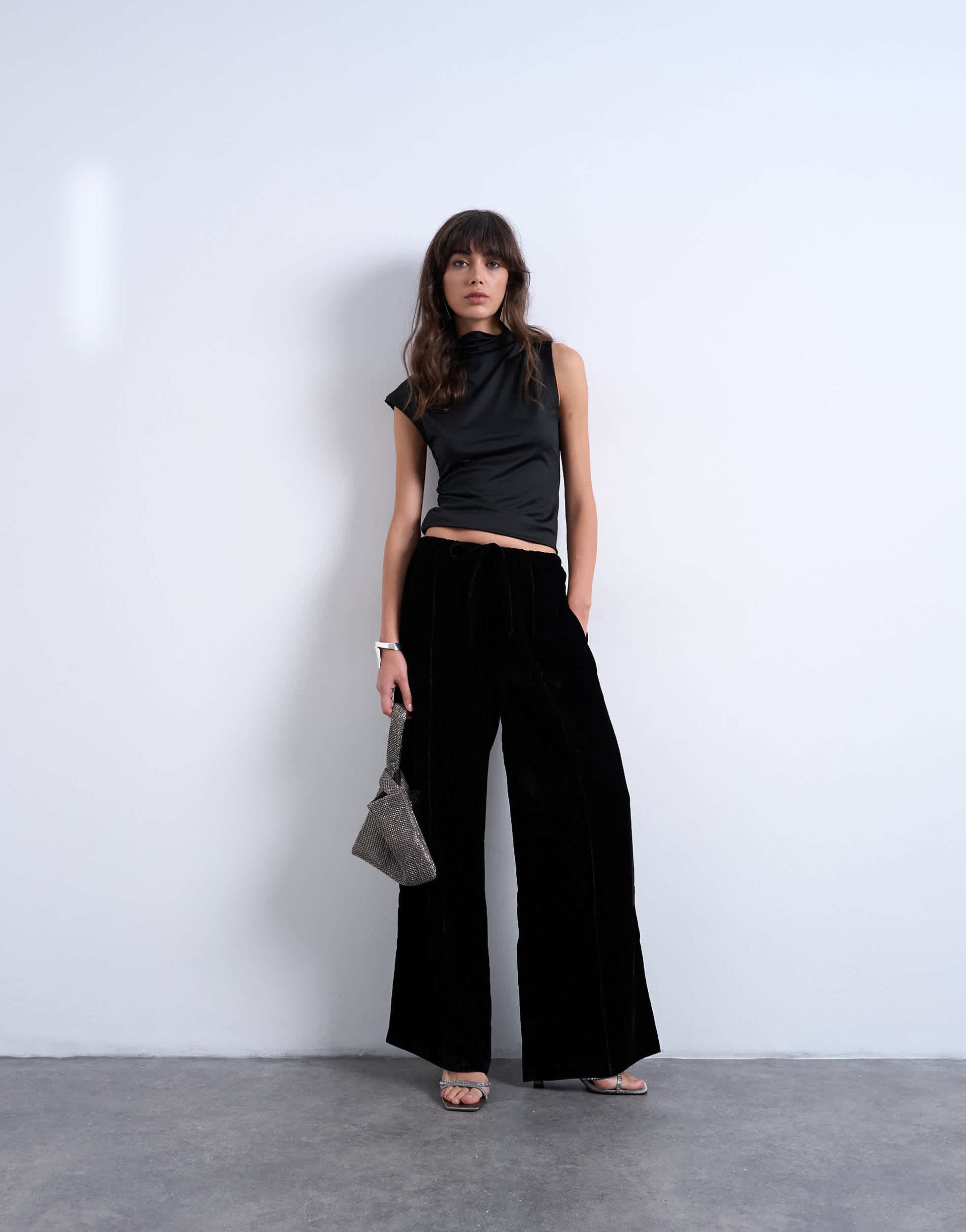 Topshop velvet mid rise tie waist wide leg jogger in black