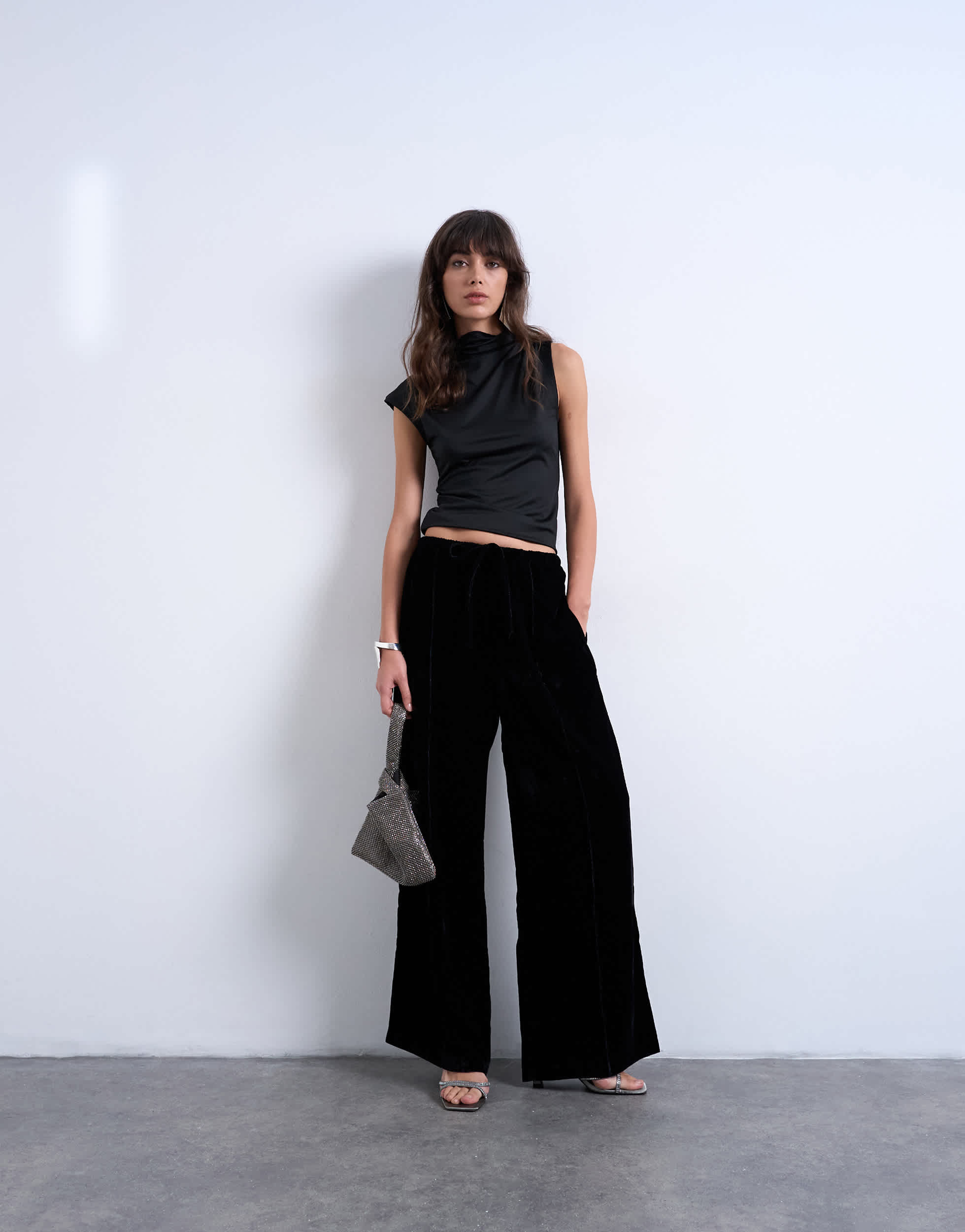 Topshop velvet mid rise tie waist wide leg jogger in black