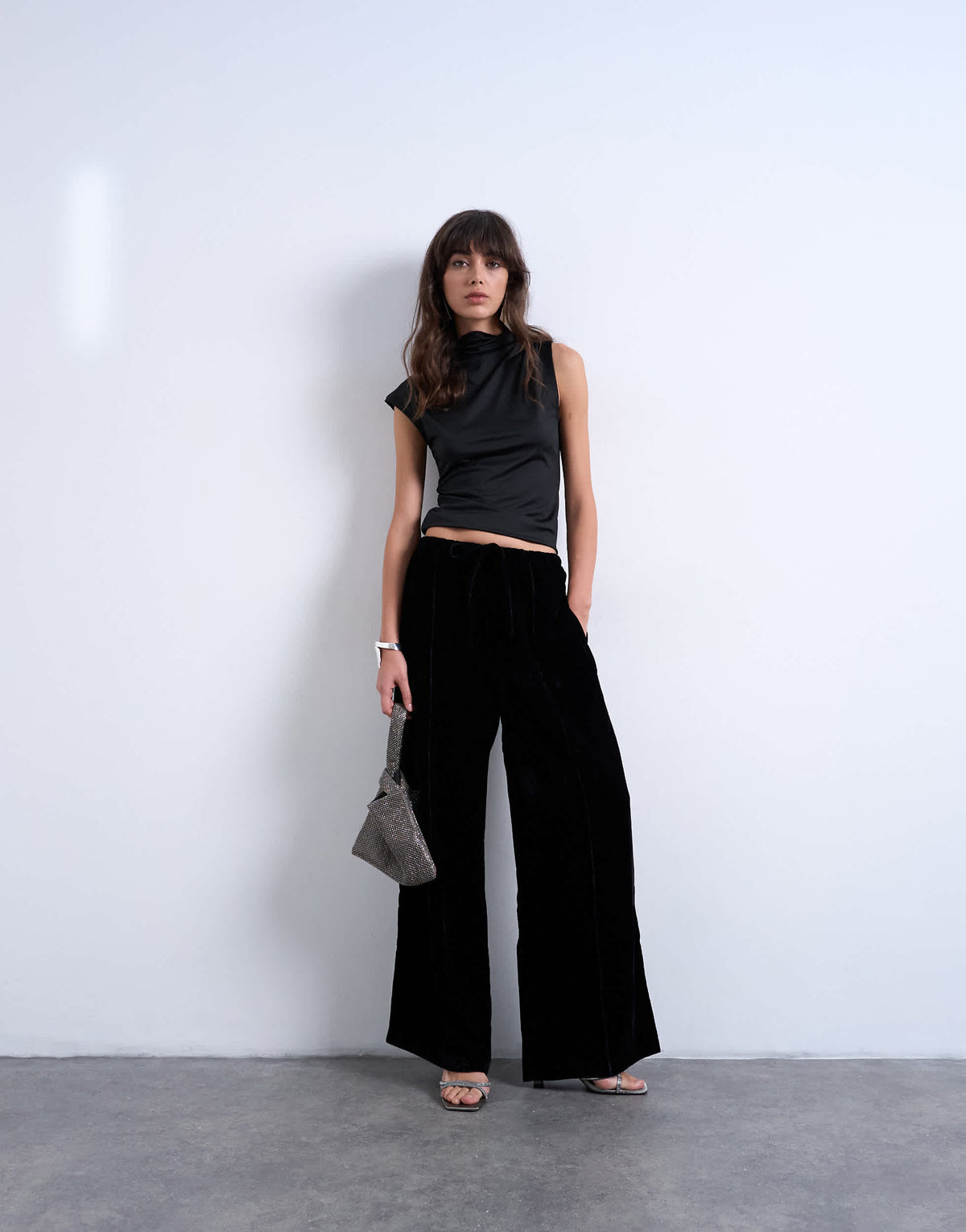 Topshop velvet mid rise tie waist wide leg jogger in black