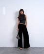 Topshop velvet mid rise tie waist wide leg jogger in black
