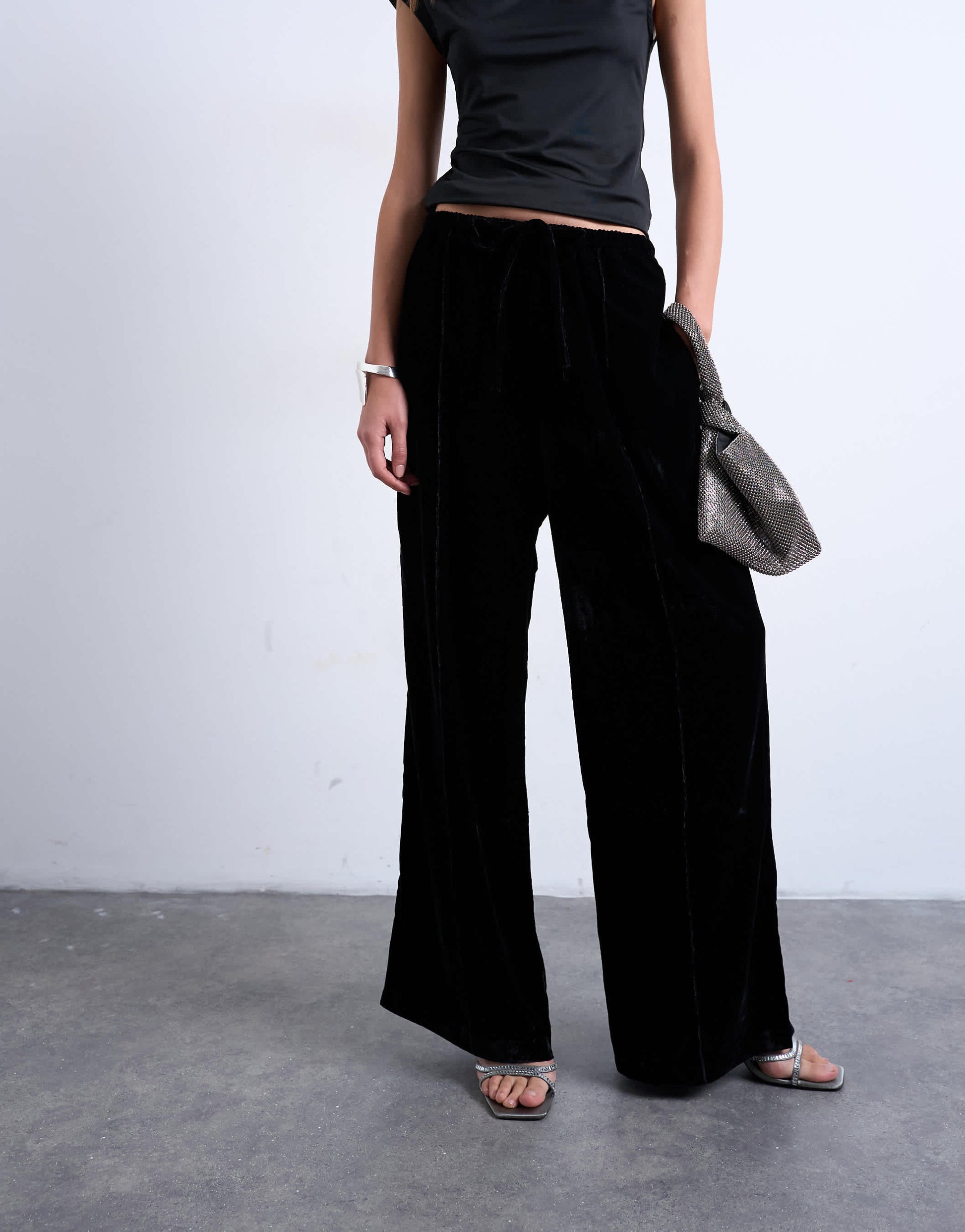 Topshop velvet mid rise tie waist wide leg jogger in black