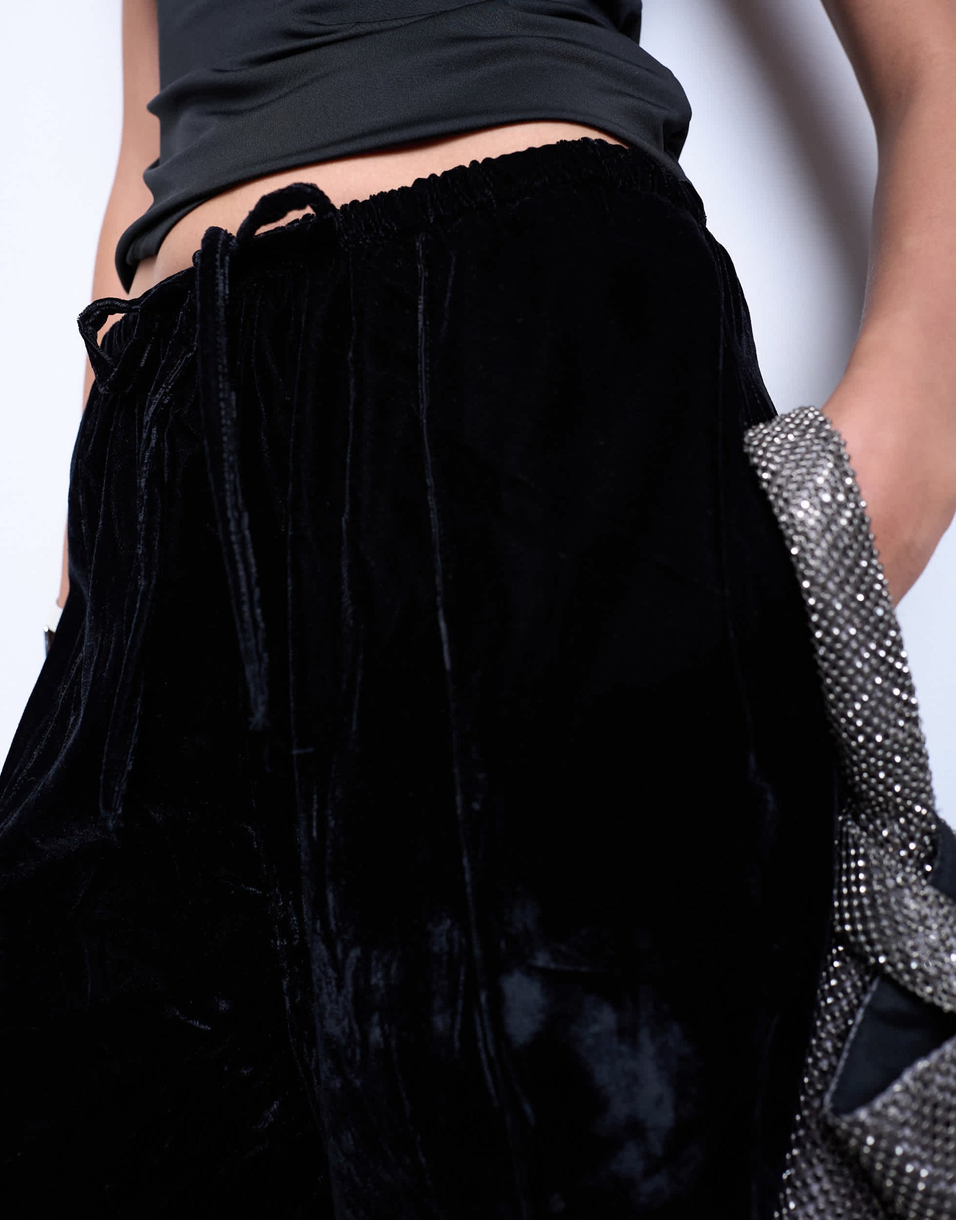 Topshop velvet mid rise tie waist wide leg jogger in black