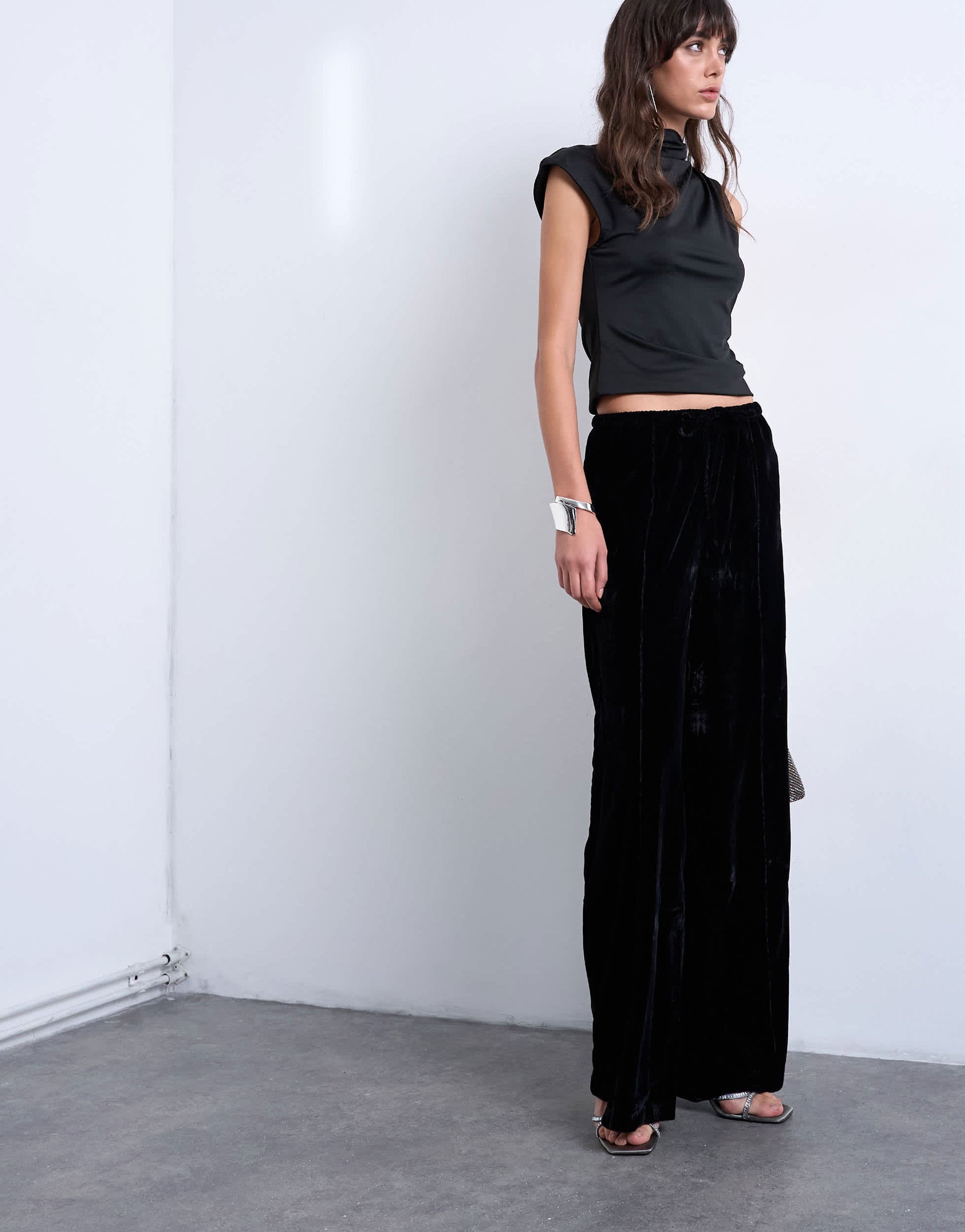 Topshop velvet mid rise tie waist wide leg jogger in black