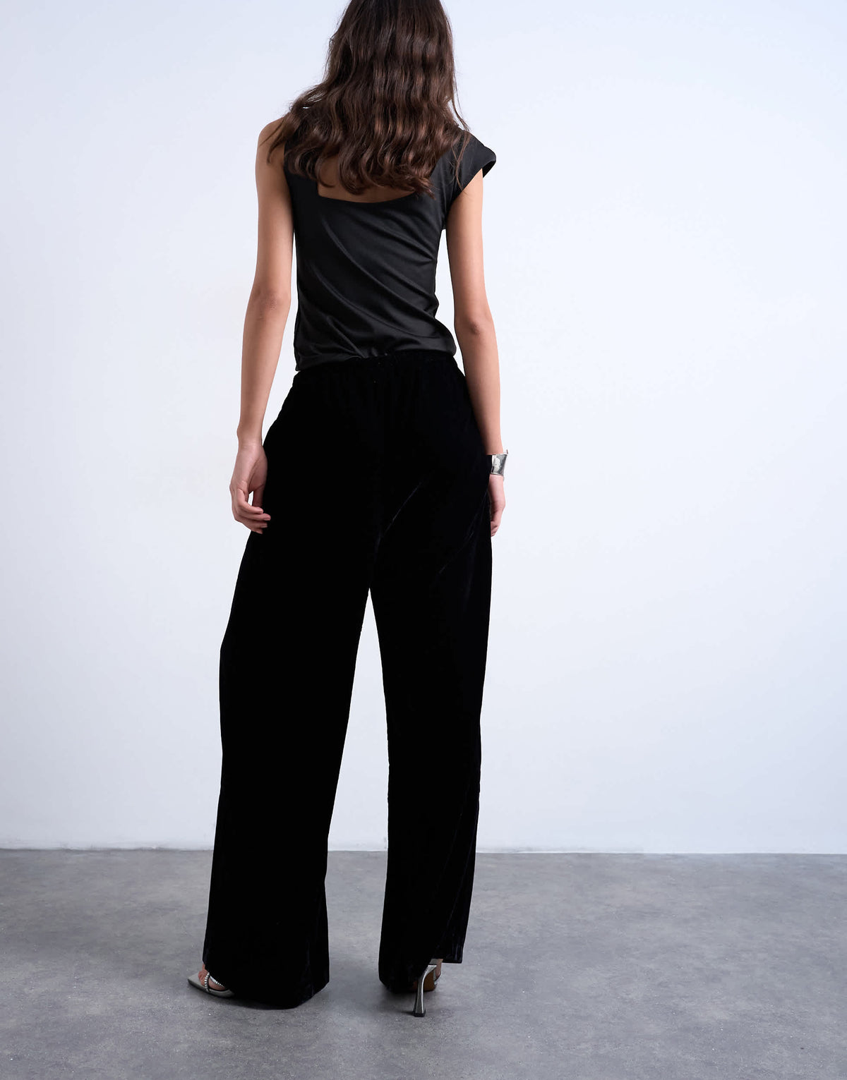 Topshop velvet mid rise tie waist wide leg jogger in black