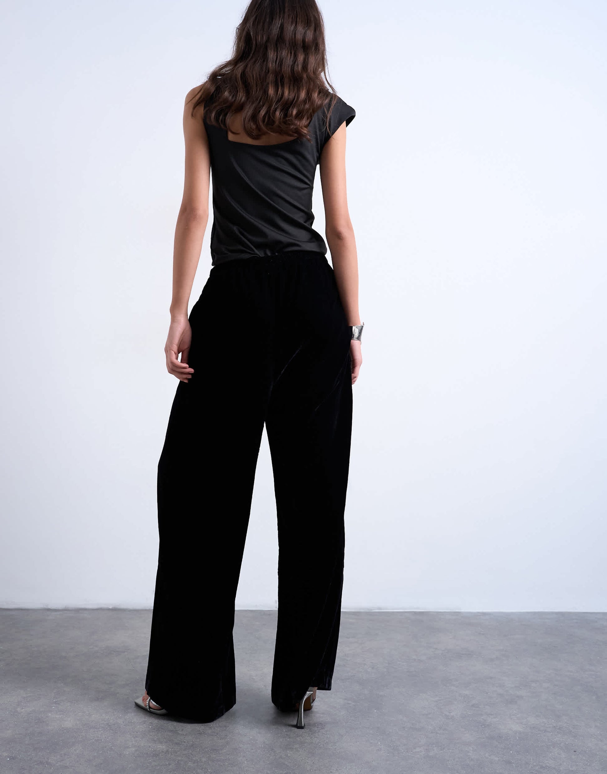Topshop velvet mid rise tie waist wide leg jogger in black