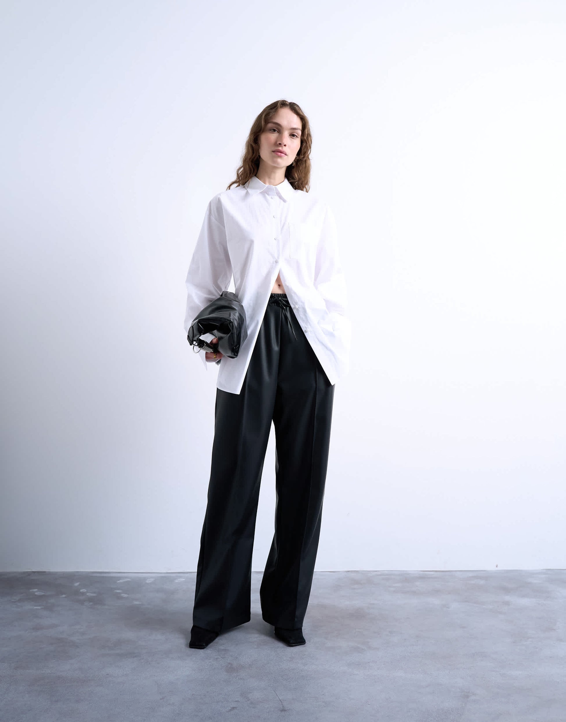 Topshop faux leather wide leg jogger with pinseam detail in black