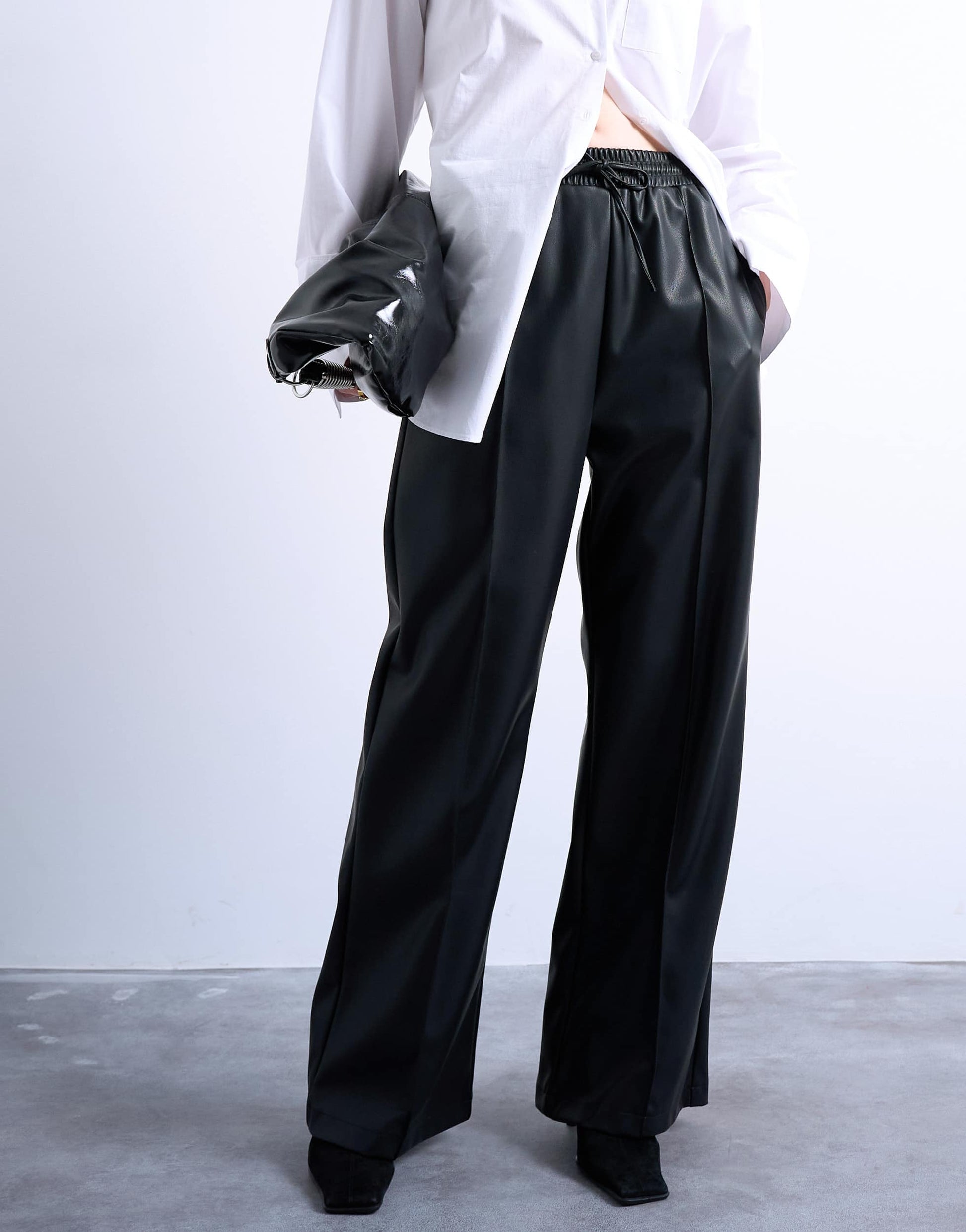 Topshop faux leather wide leg jogger with pinseam detail in black