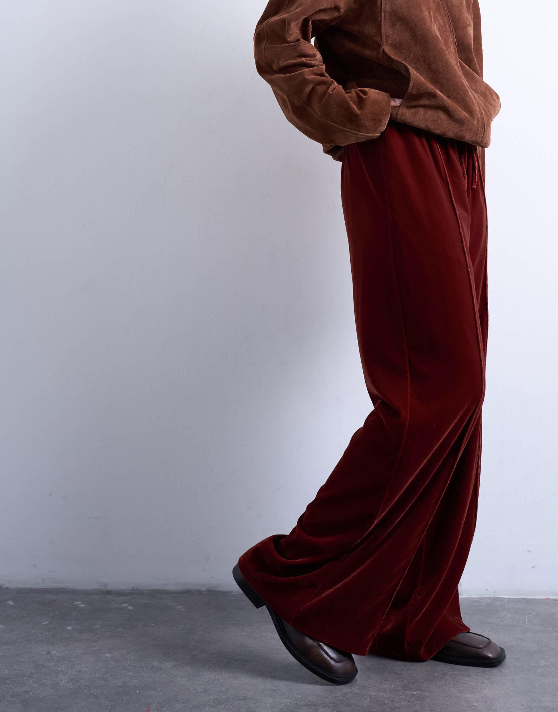 Topshop velvet mid rise tie waist wide leg jogger in tobacco