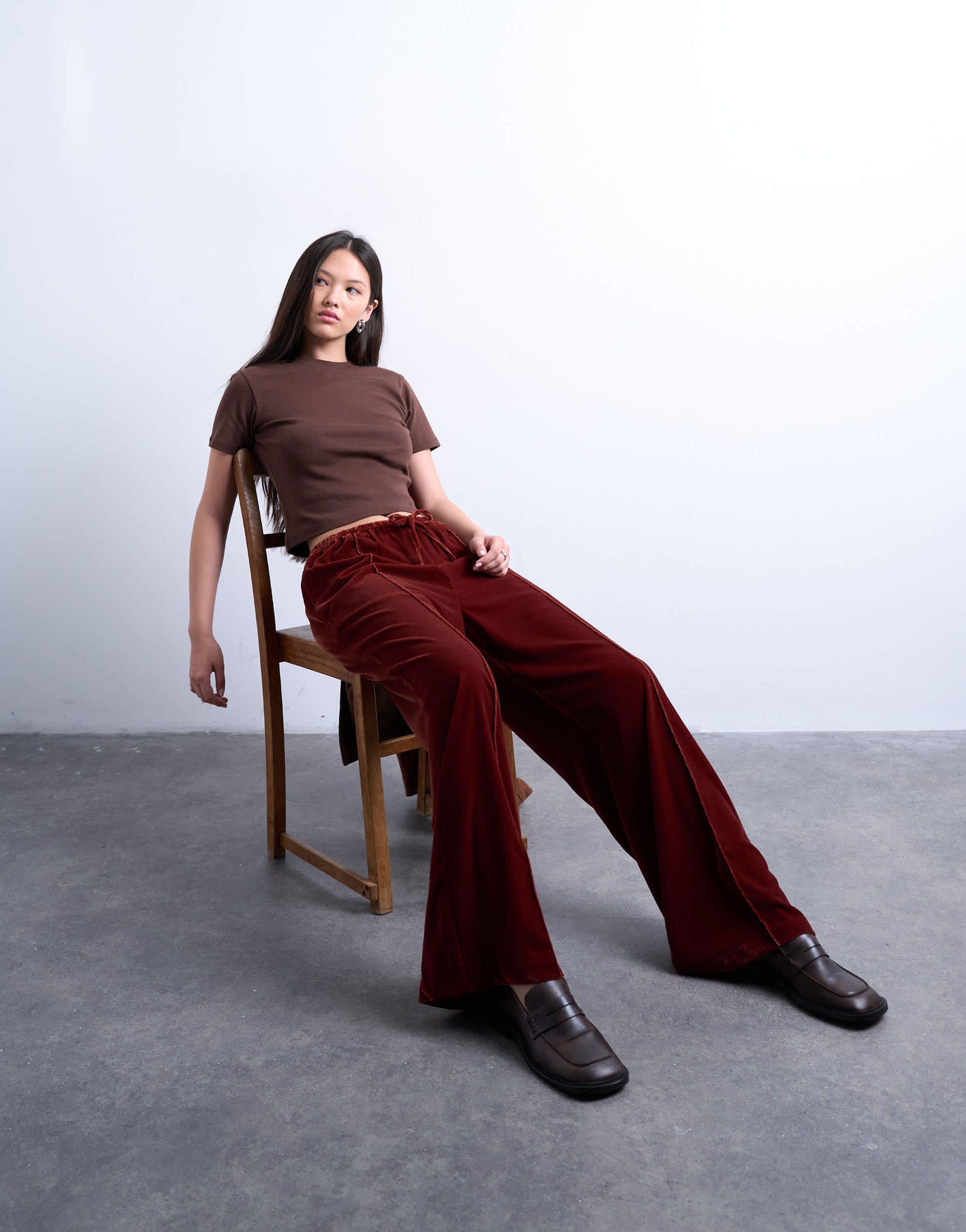 Topshop velvet mid rise tie waist wide leg jogger in tobacco