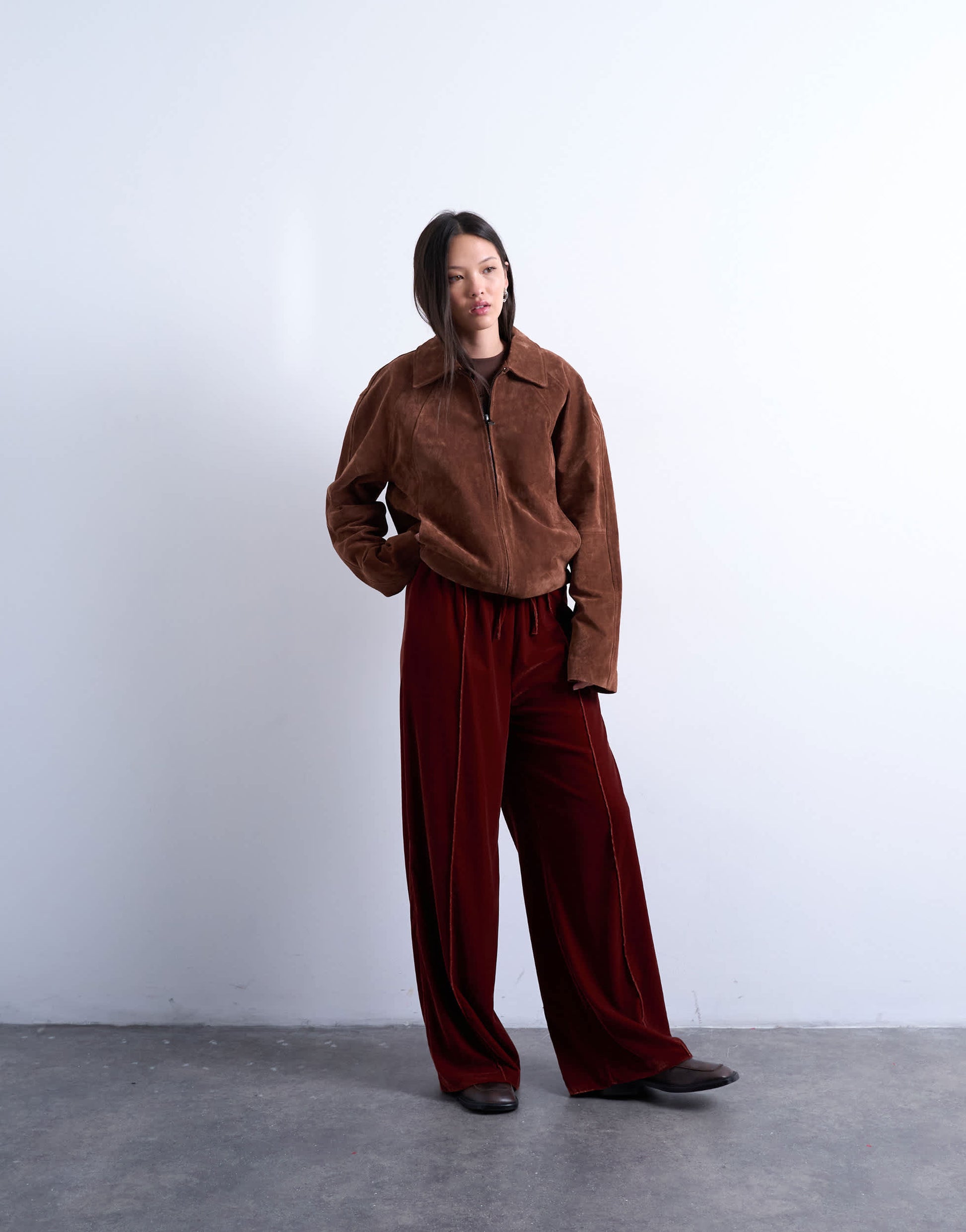Topshop velvet mid rise tie waist wide leg jogger in tobacco