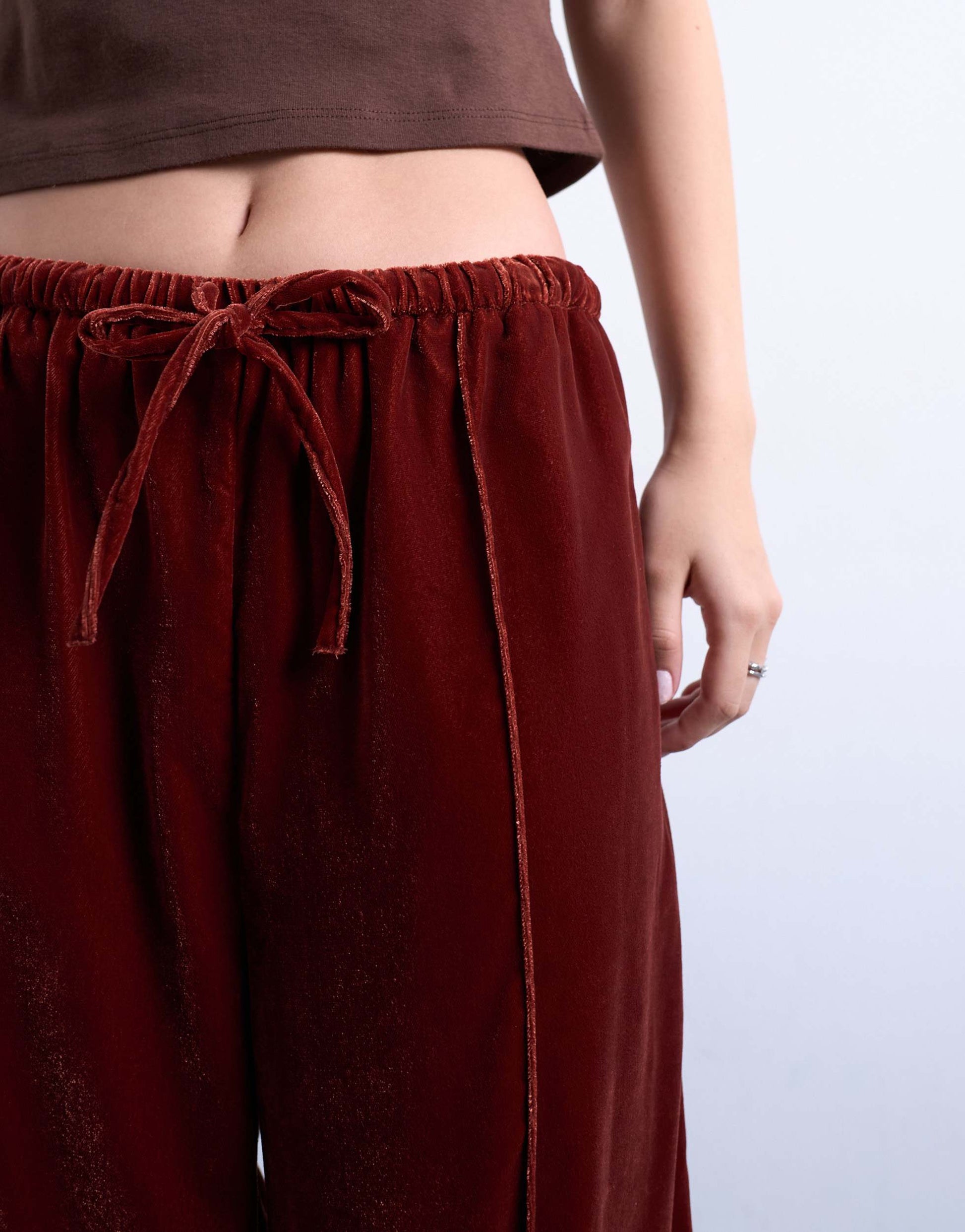 Topshop velvet mid rise tie waist wide leg jogger in tobacco