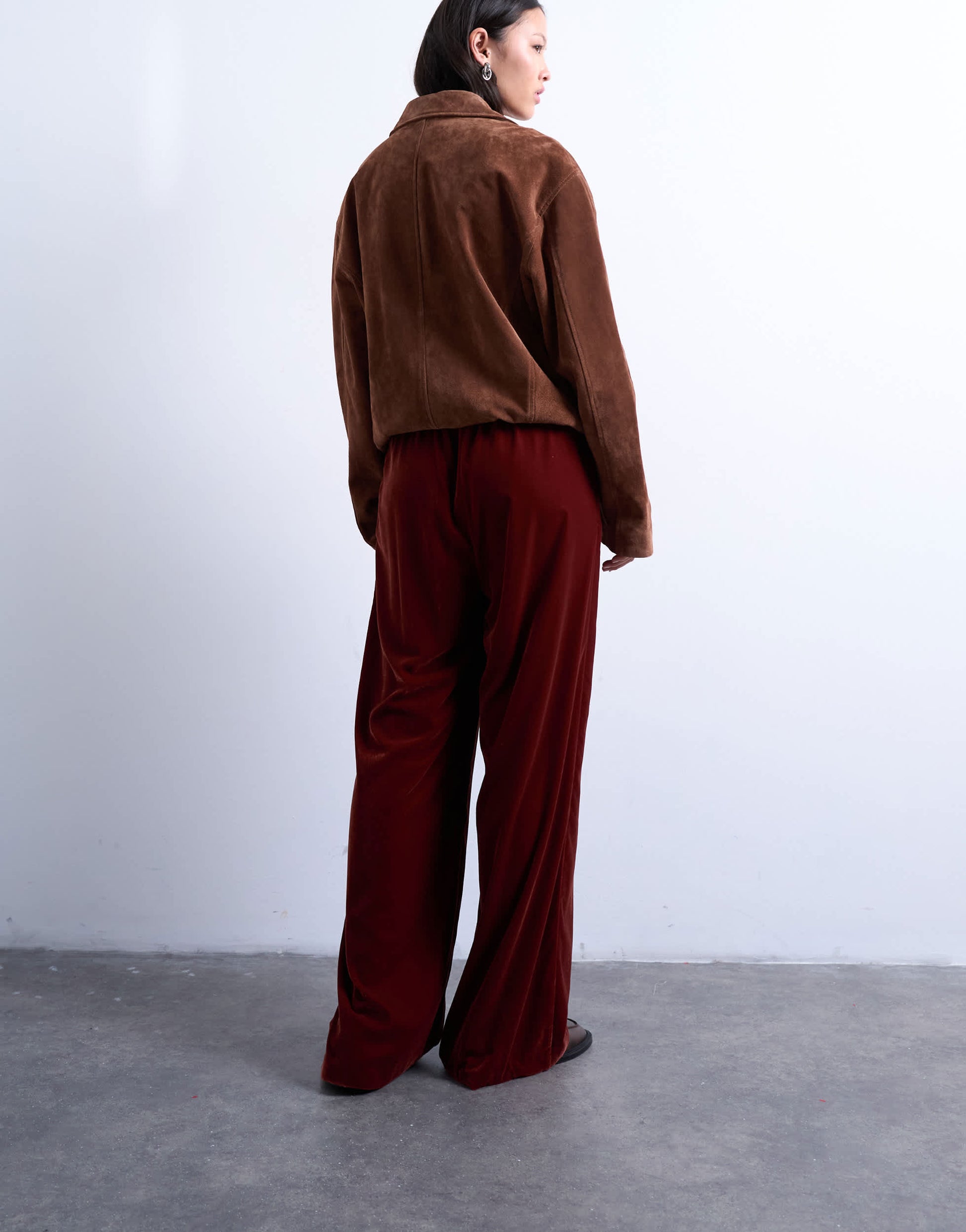 Topshop velvet mid rise tie waist wide leg jogger in tobacco