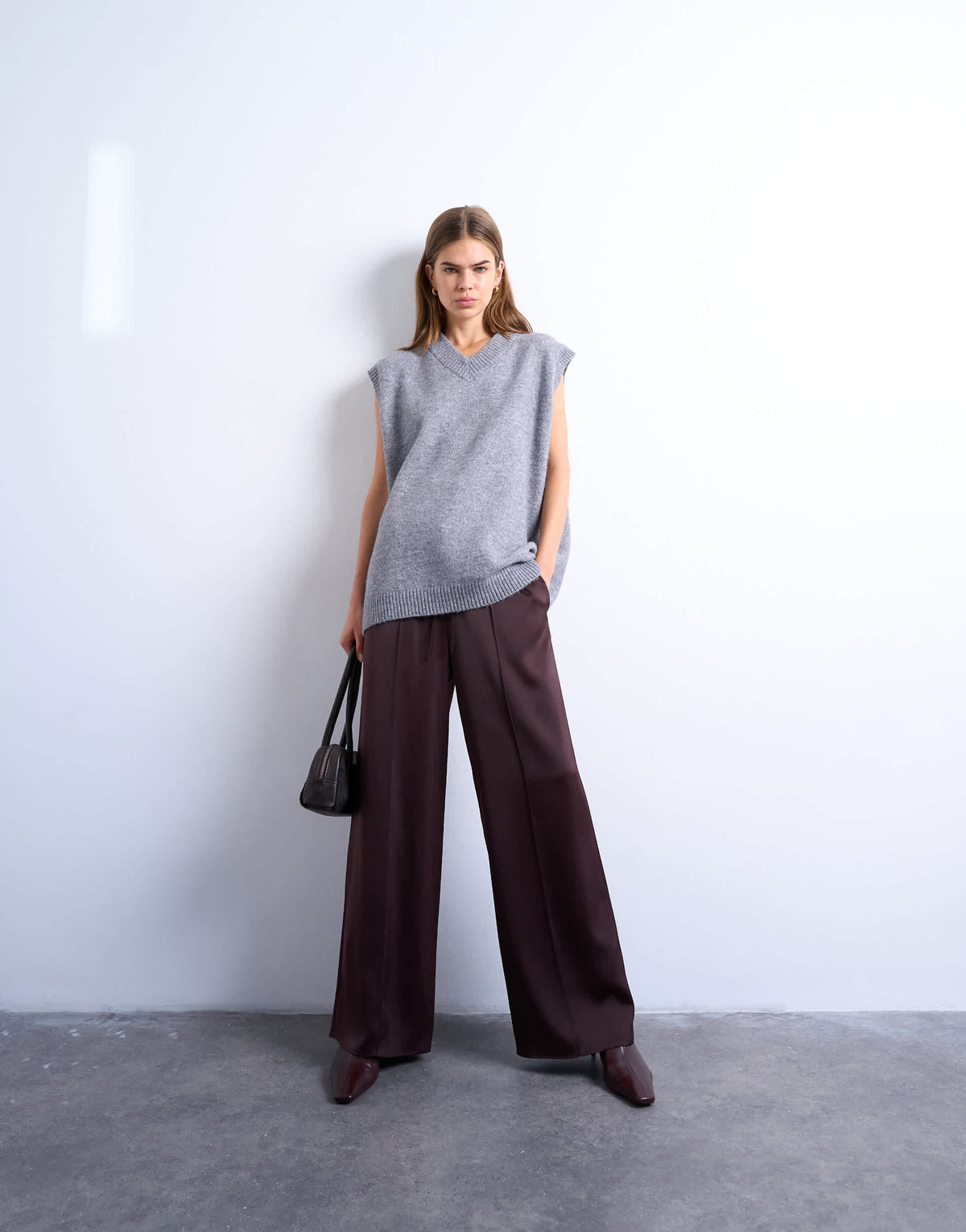 Topshop satin tie waist wide leg trouser with pintuck seam detail in burgundy
