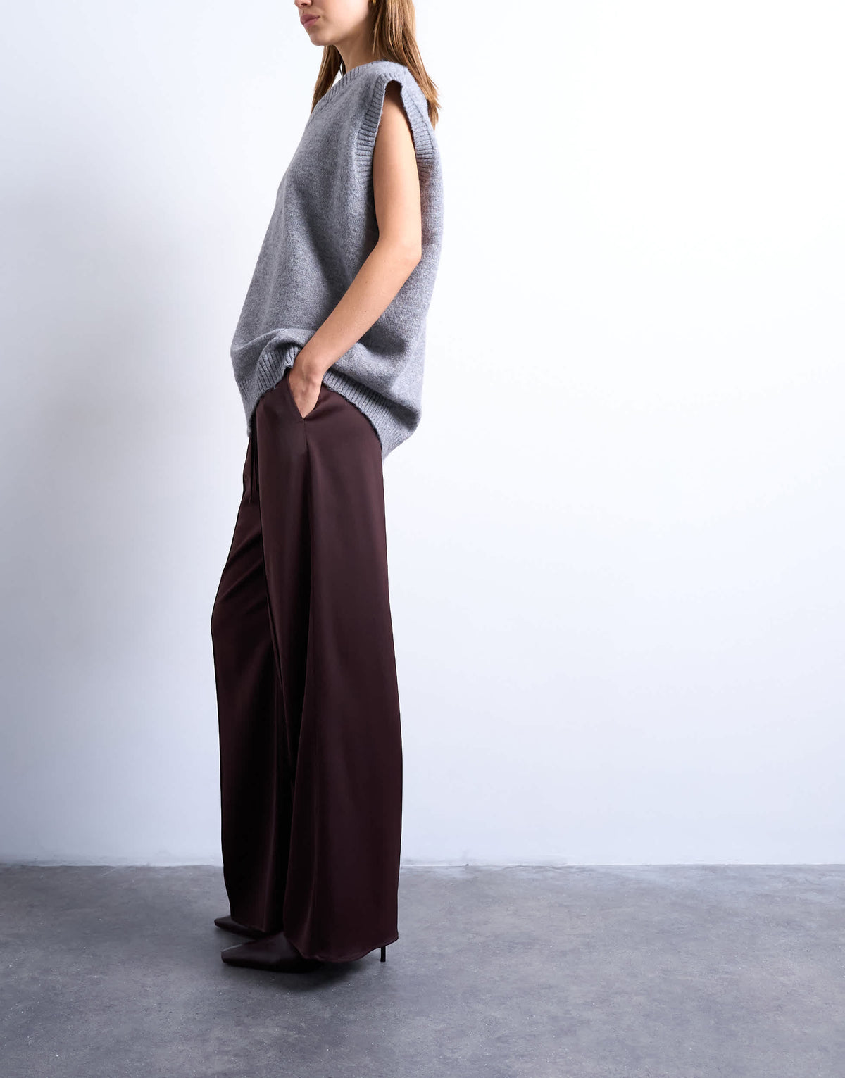 Topshop satin tie waist wide leg trouser with pintuck seam detail in burgundy