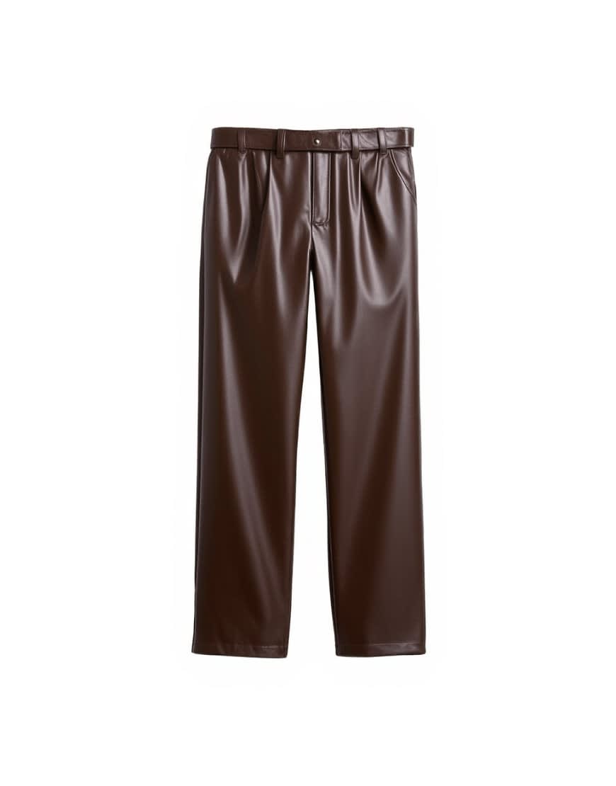 Topshop faux leather pleated straight leg trouser in rust