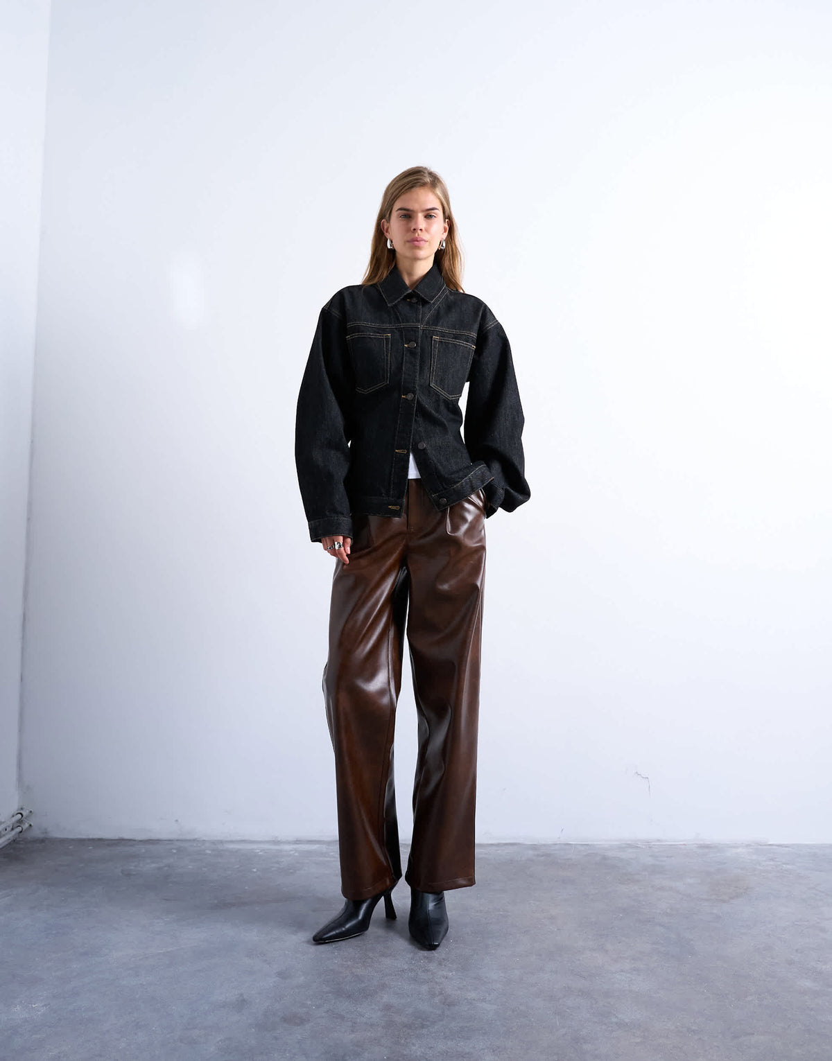 Topshop faux leather pleated straight leg trouser in rust