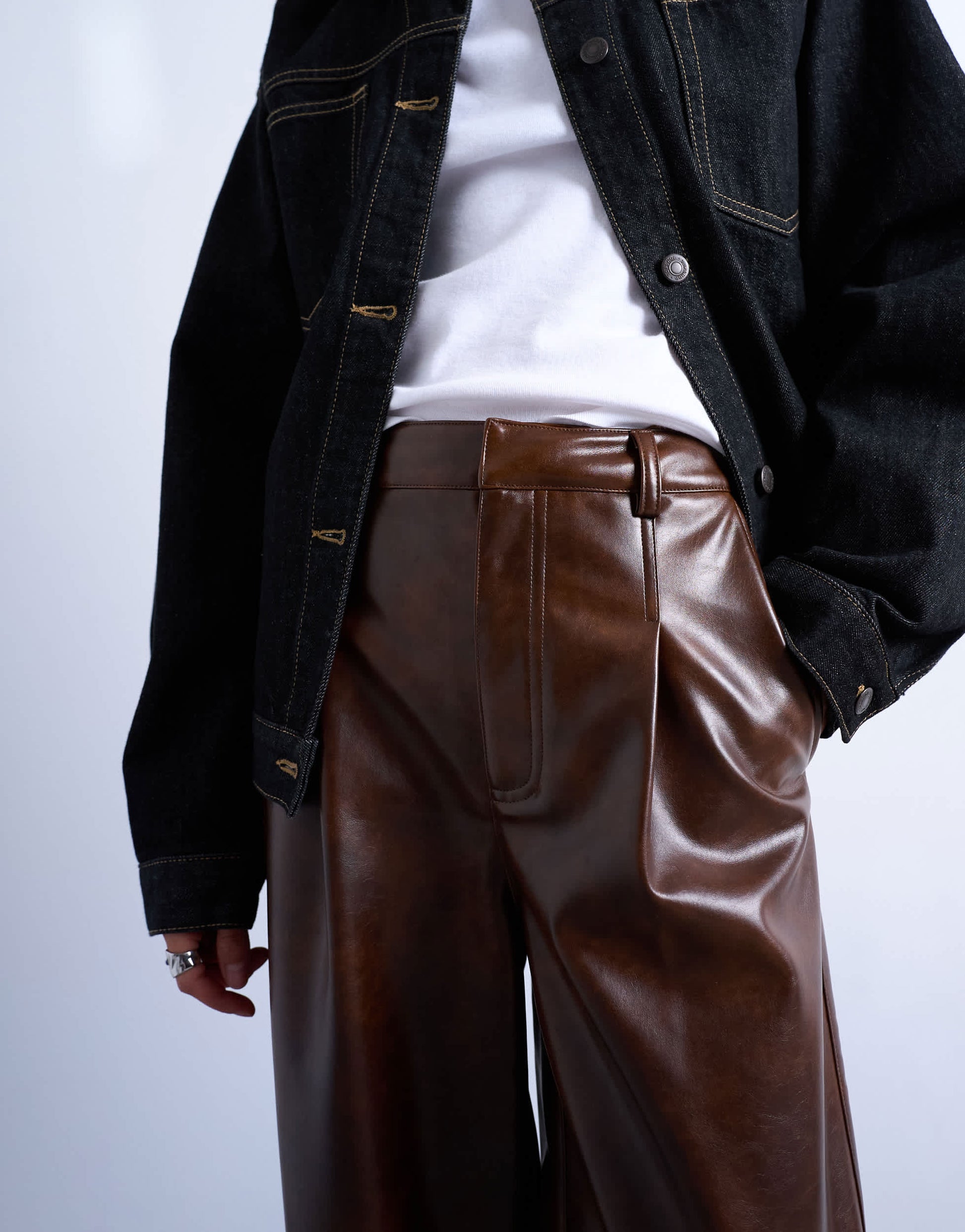 Topshop faux leather pleated straight leg trouser in rust