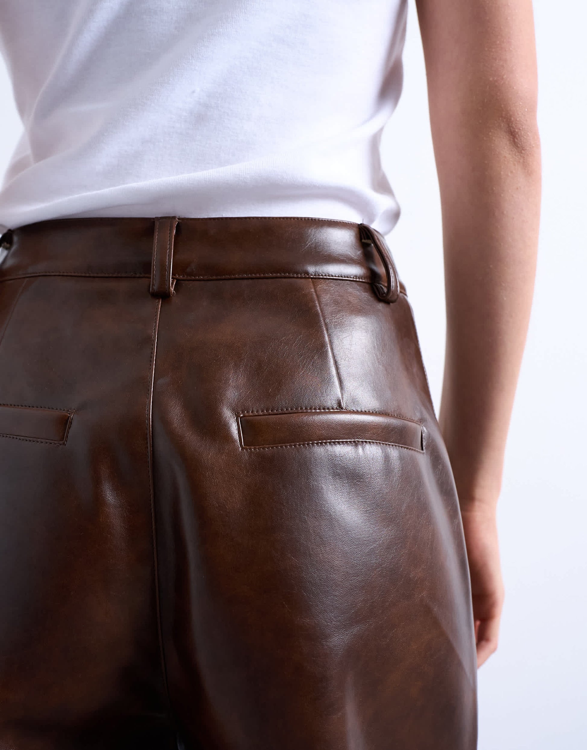 Topshop faux leather pleated straight leg trouser in rust