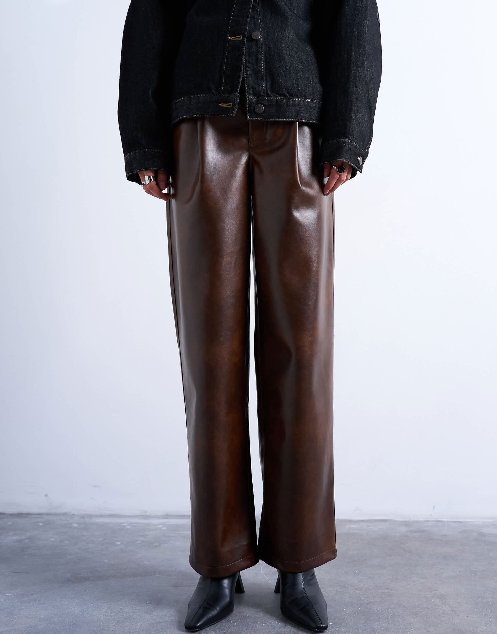 Topshop faux leather pleated straight leg trouser in rust