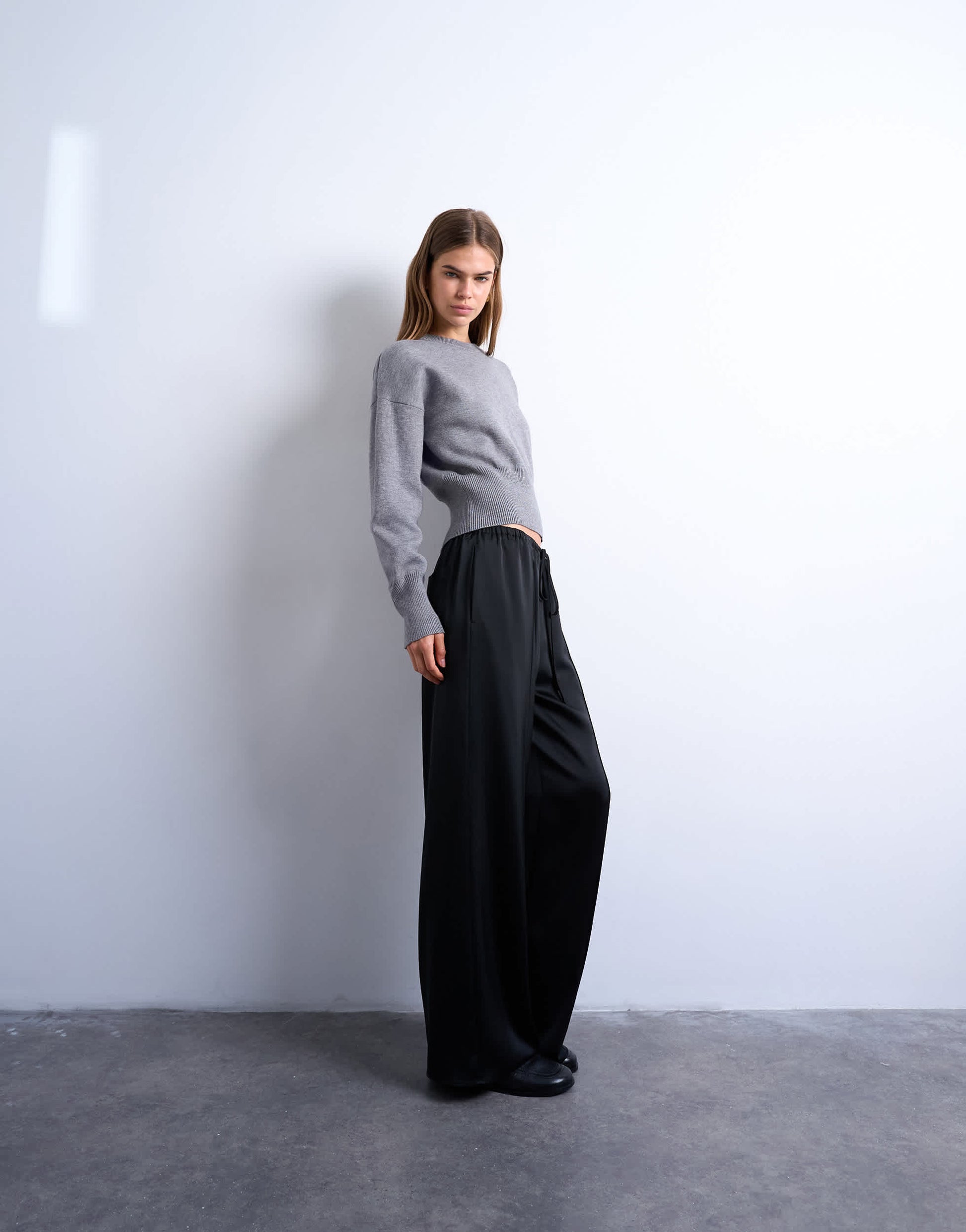Topshop satin tie waist wide leg trouser with pintuck seam detail in black