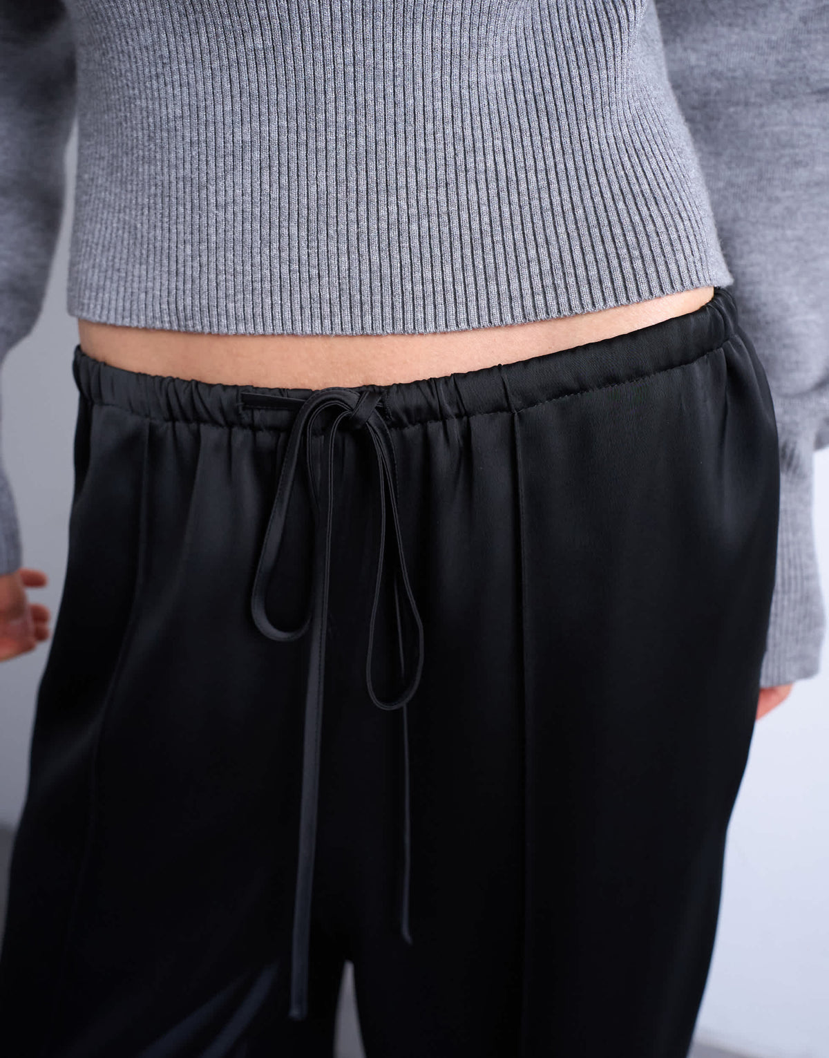 Topshop satin tie waist wide leg trouser with pintuck seam detail in black